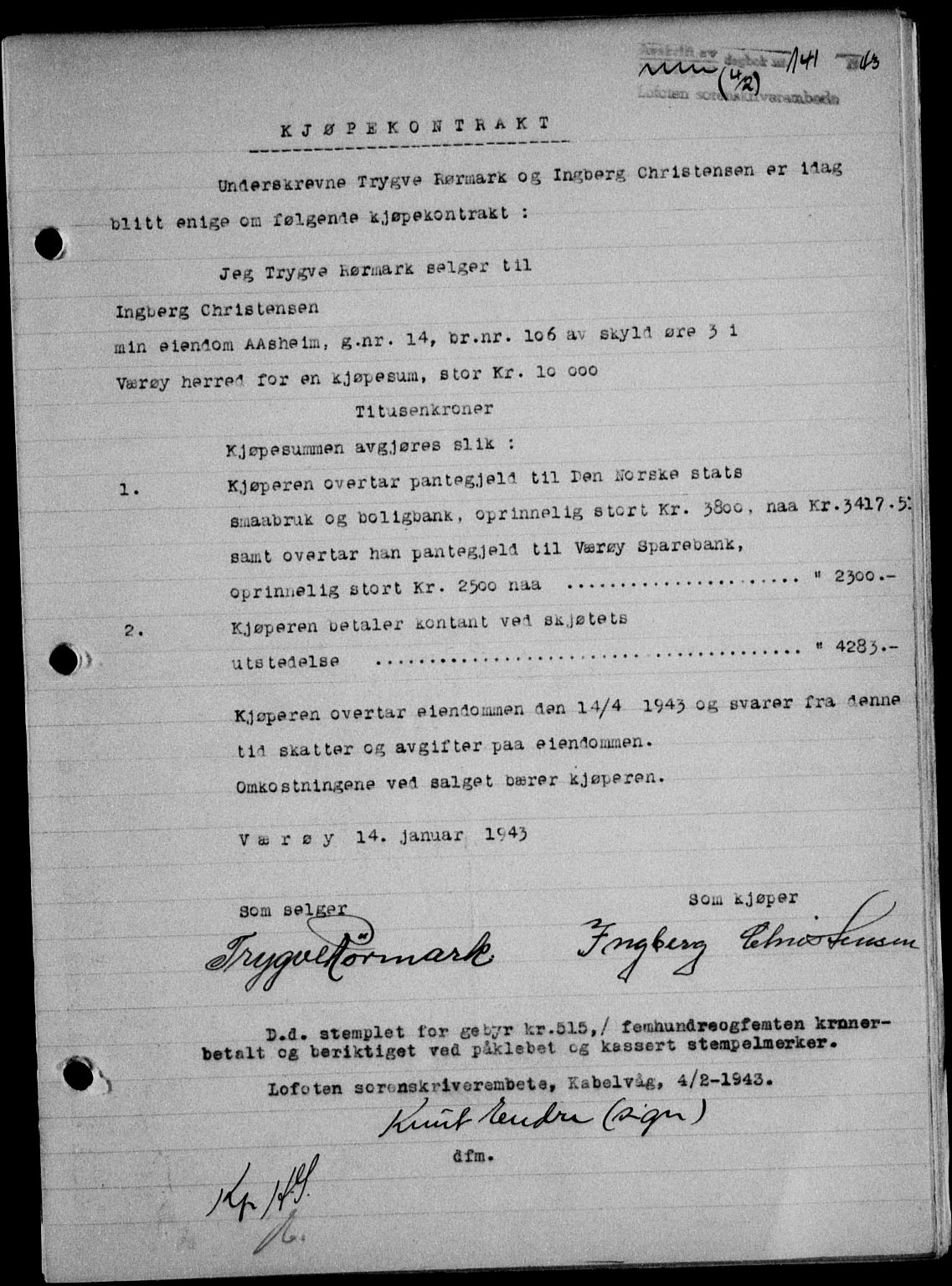 Lofoten sorenskriveri, SAT/A-0017/1/2/2C/L0010a: Mortgage book no. 10a, 1942-1943, Diary no: : 141/1943