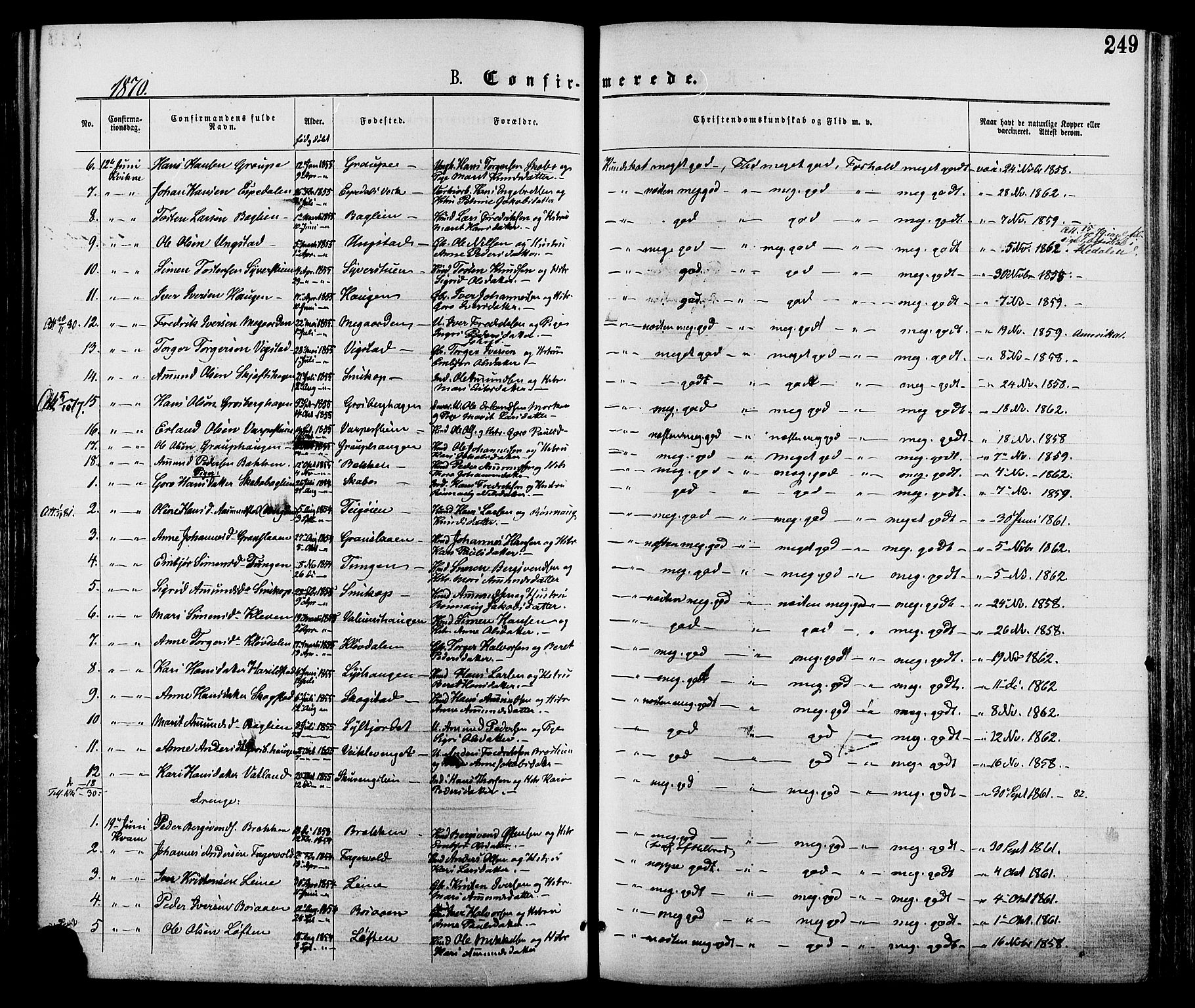 Nord-Fron prestekontor, AV/SAH-PREST-080/H/Ha/Haa/L0002: Parish register (official) no. 2, 1865-1883, p. 249