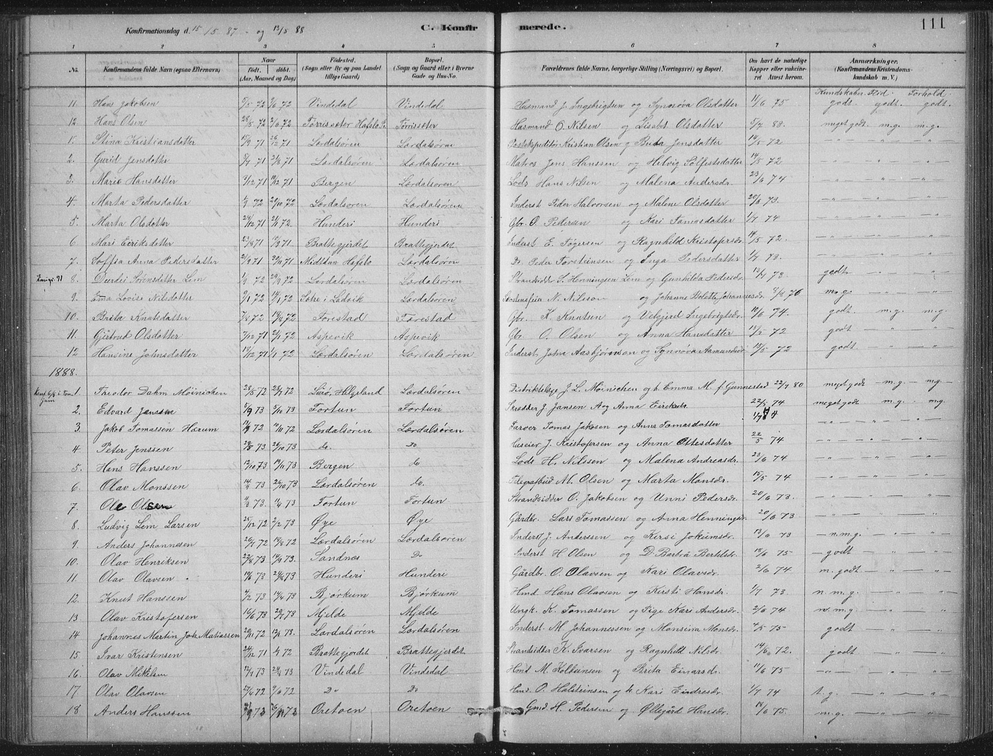 Lærdal sokneprestembete, AV/SAB-A-81201: Parish register (official) no. D  1, 1878-1908, p. 111