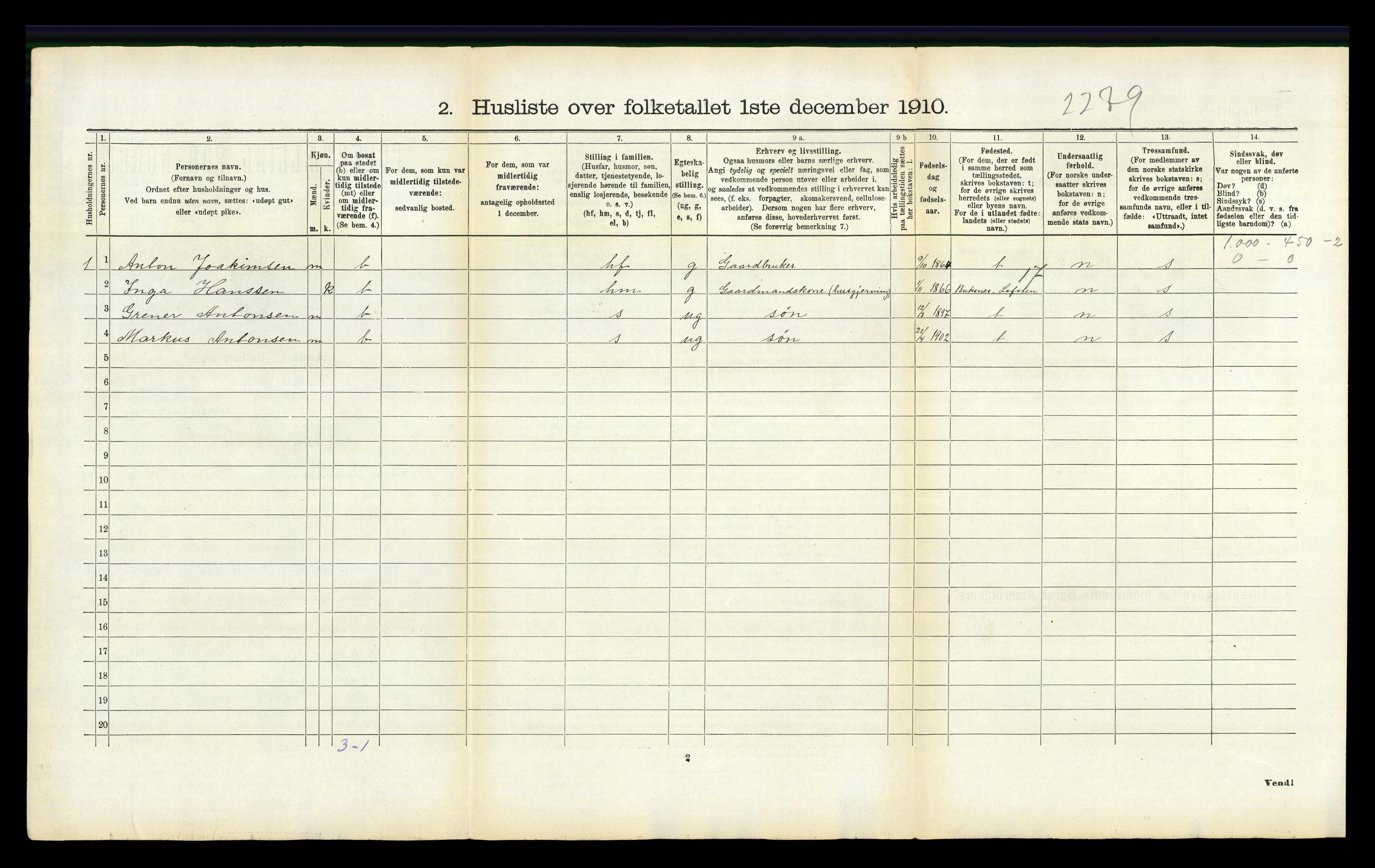 RA, 1910 census for Ankenes, 1910, p. 496