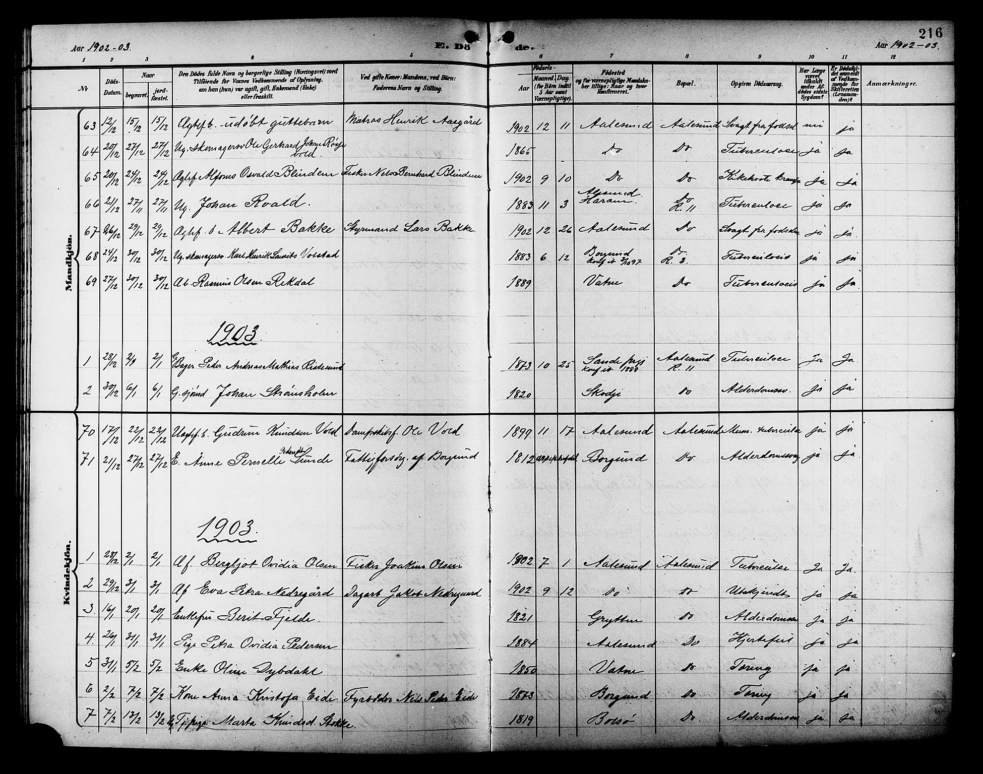 Ministerialprotokoller, klokkerbøker og fødselsregistre - Møre og Romsdal, SAT/A-1454/529/L0469: Parish register (copy) no. 529C06, 1898-1906, p. 216