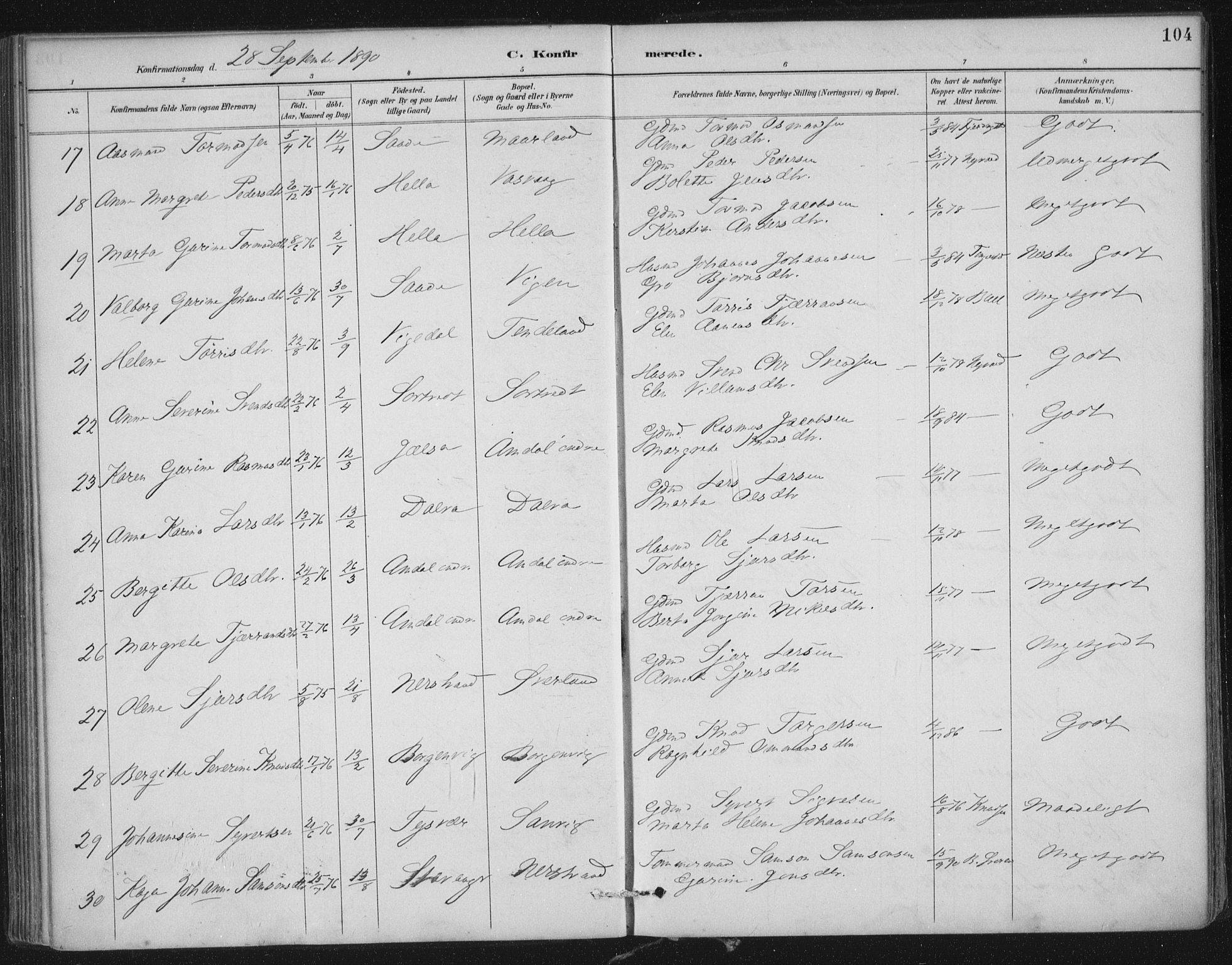 Nedstrand sokneprestkontor, SAST/A-101841/01/IV: Parish register (official) no. A 12, 1887-1915, p. 104