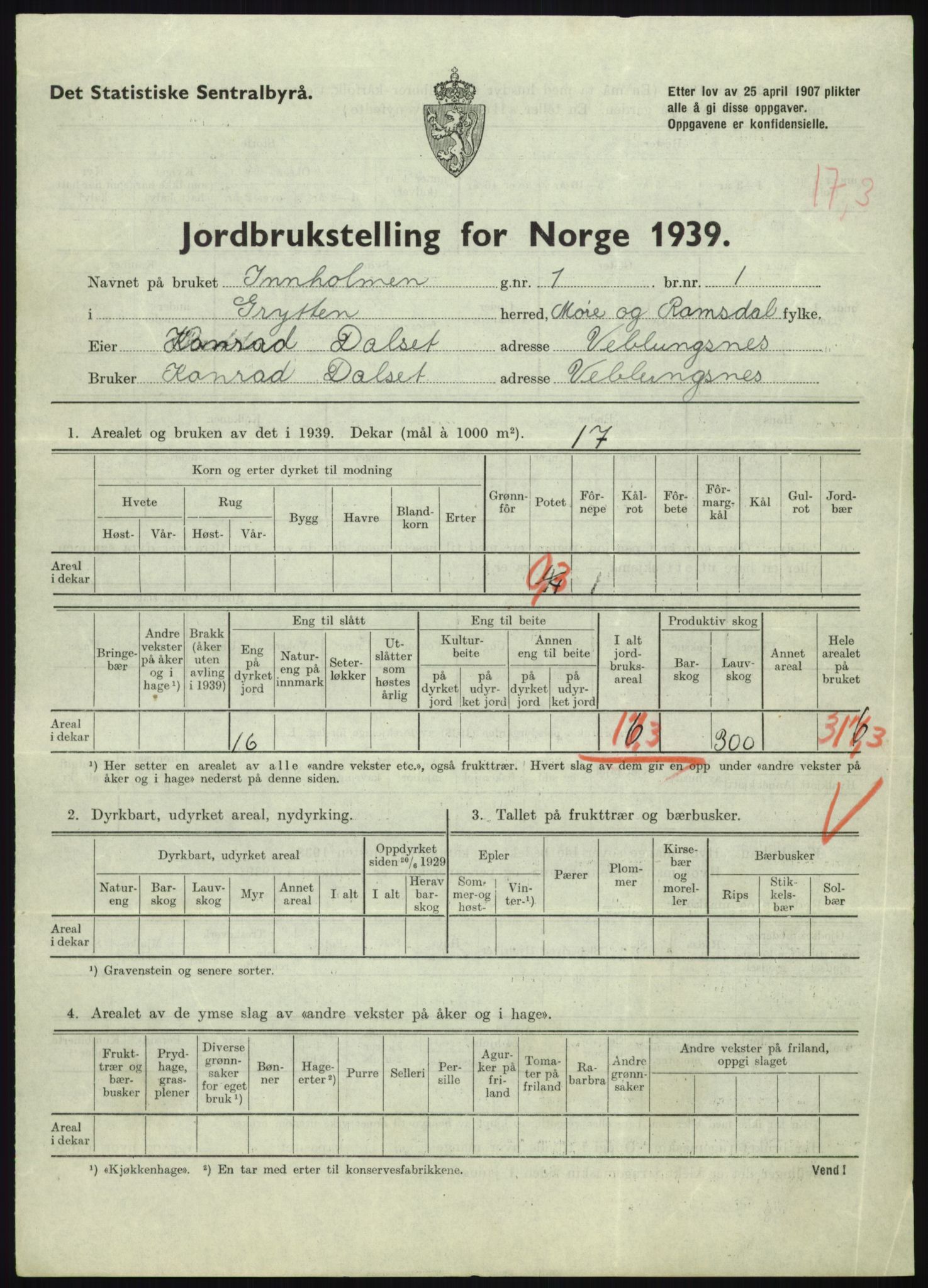 Statistisk sentralbyrå, Næringsøkonomiske emner, Jordbruk, skogbruk, jakt, fiske og fangst, AV/RA-S-2234/G/Gb/L0251: Møre og Romsdal: Voll, Eid, Grytten og Hen, 1939, p. 599