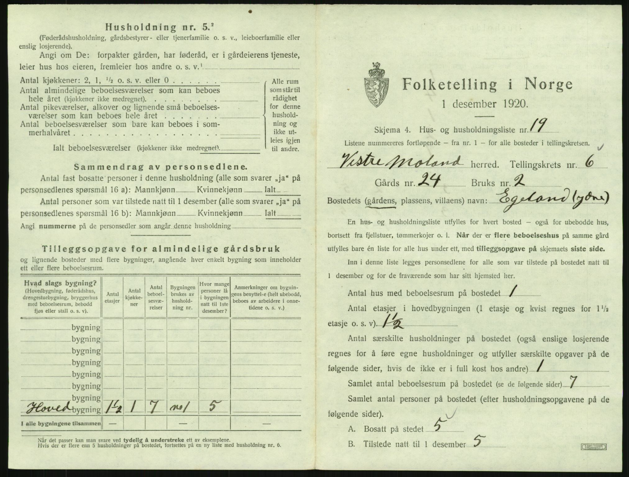 SAK, 1920 census for Vestre Moland, 1920, p. 855