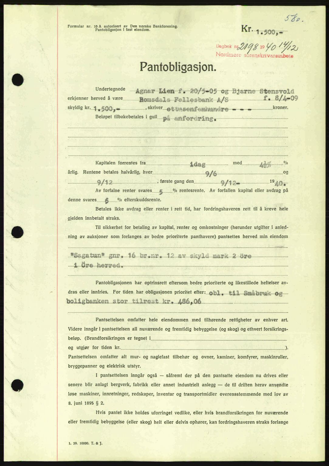 Nordmøre sorenskriveri, AV/SAT-A-4132/1/2/2Ca: Mortgage book no. B87, 1940-1941, Diary no: : 2198/1940