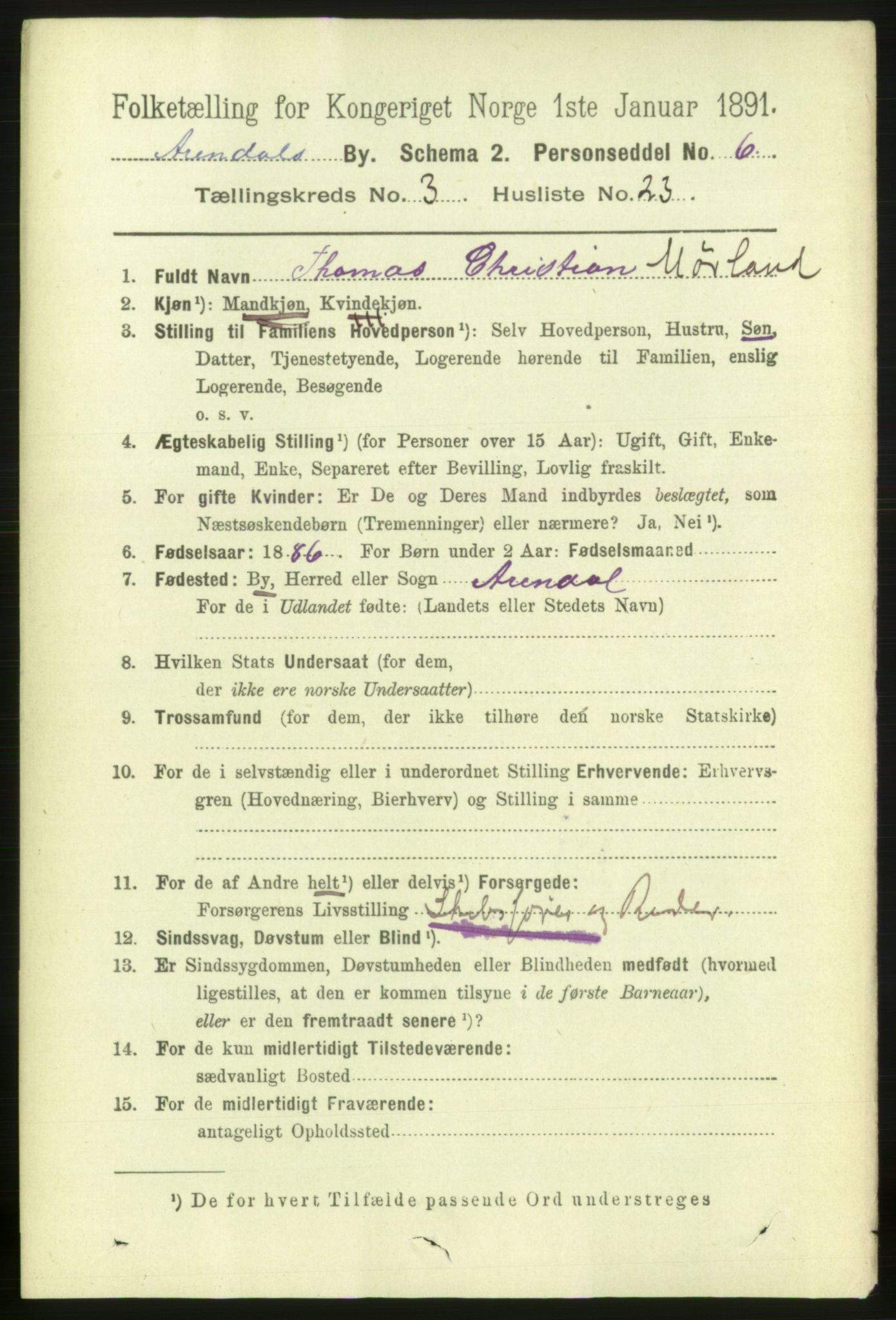 RA, 1891 census for 0903 Arendal, 1891, p. 1647