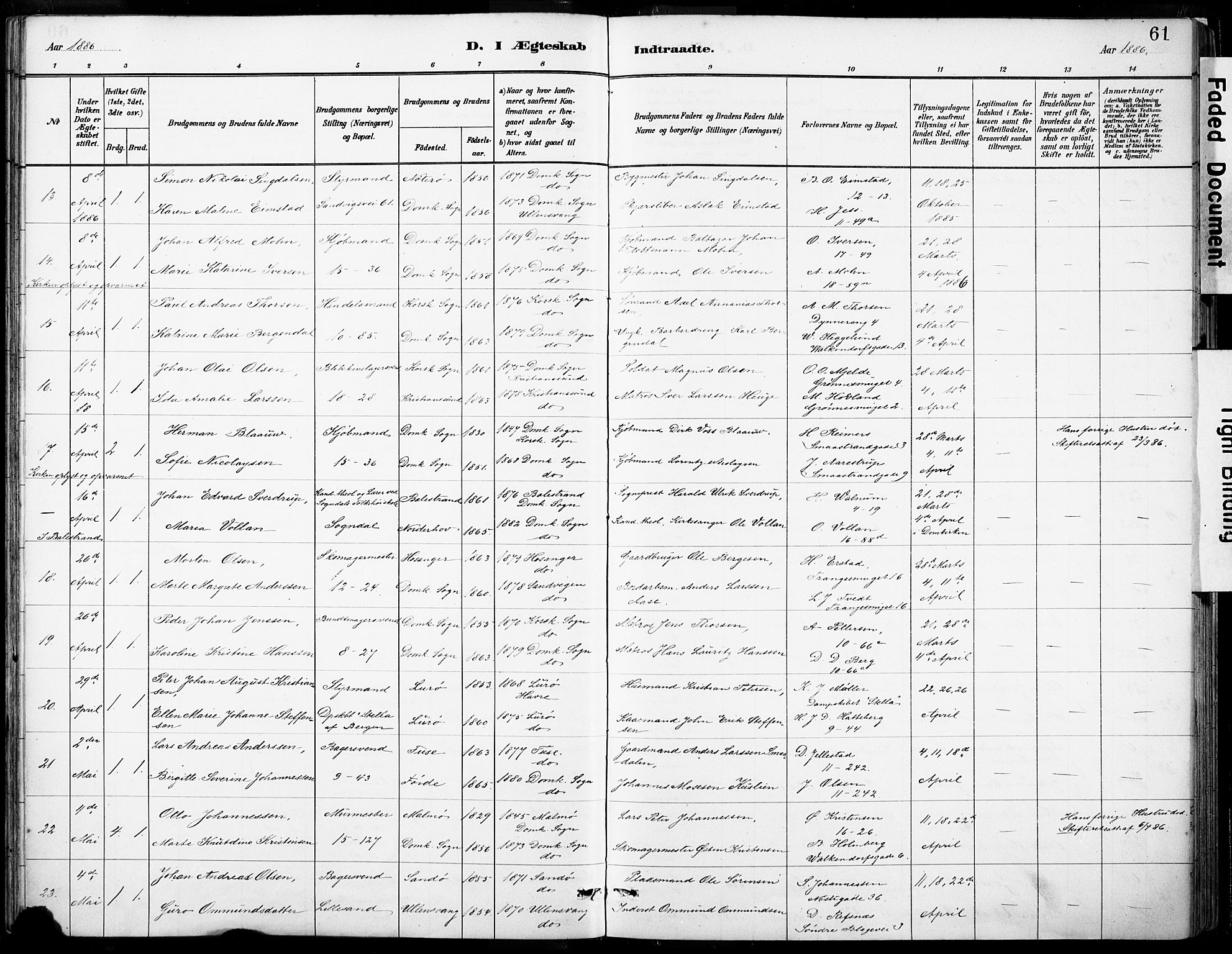 Domkirken sokneprestembete, SAB/A-74801/H/Haa/L0037: Parish register (official) no. D 4, 1880-1907, p. 61