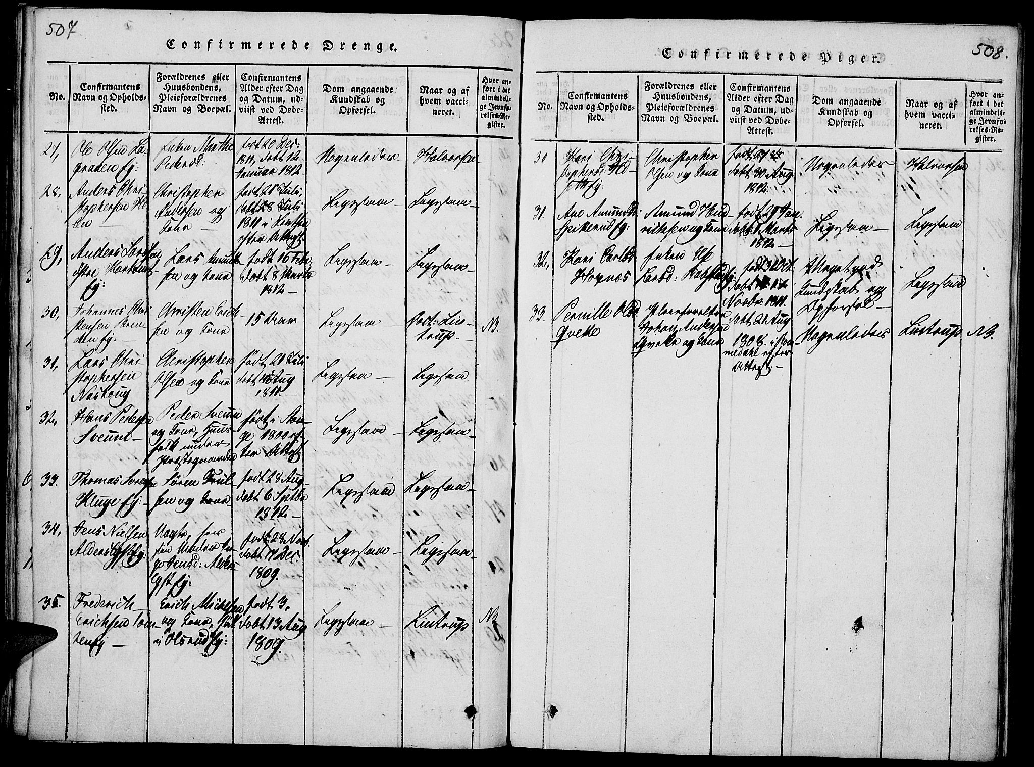 Vang prestekontor, Hedmark, SAH/PREST-008/H/Ha/Haa/L0008: Parish register (official) no. 8, 1815-1826, p. 507-508