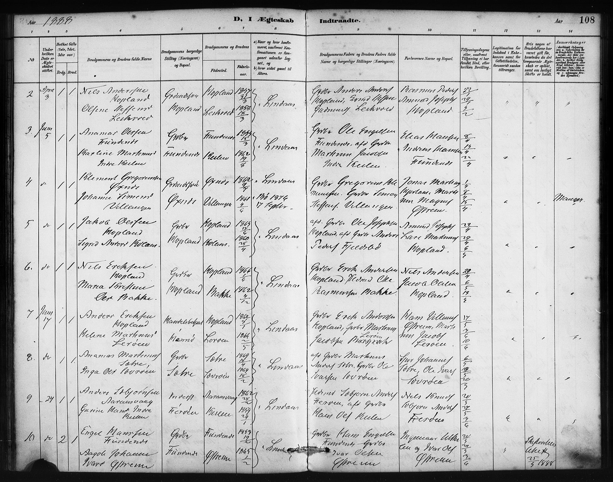 Lindås Sokneprestembete, SAB/A-76701/H/Haa: Parish register (official) no. C 1, 1886-1896, p. 108