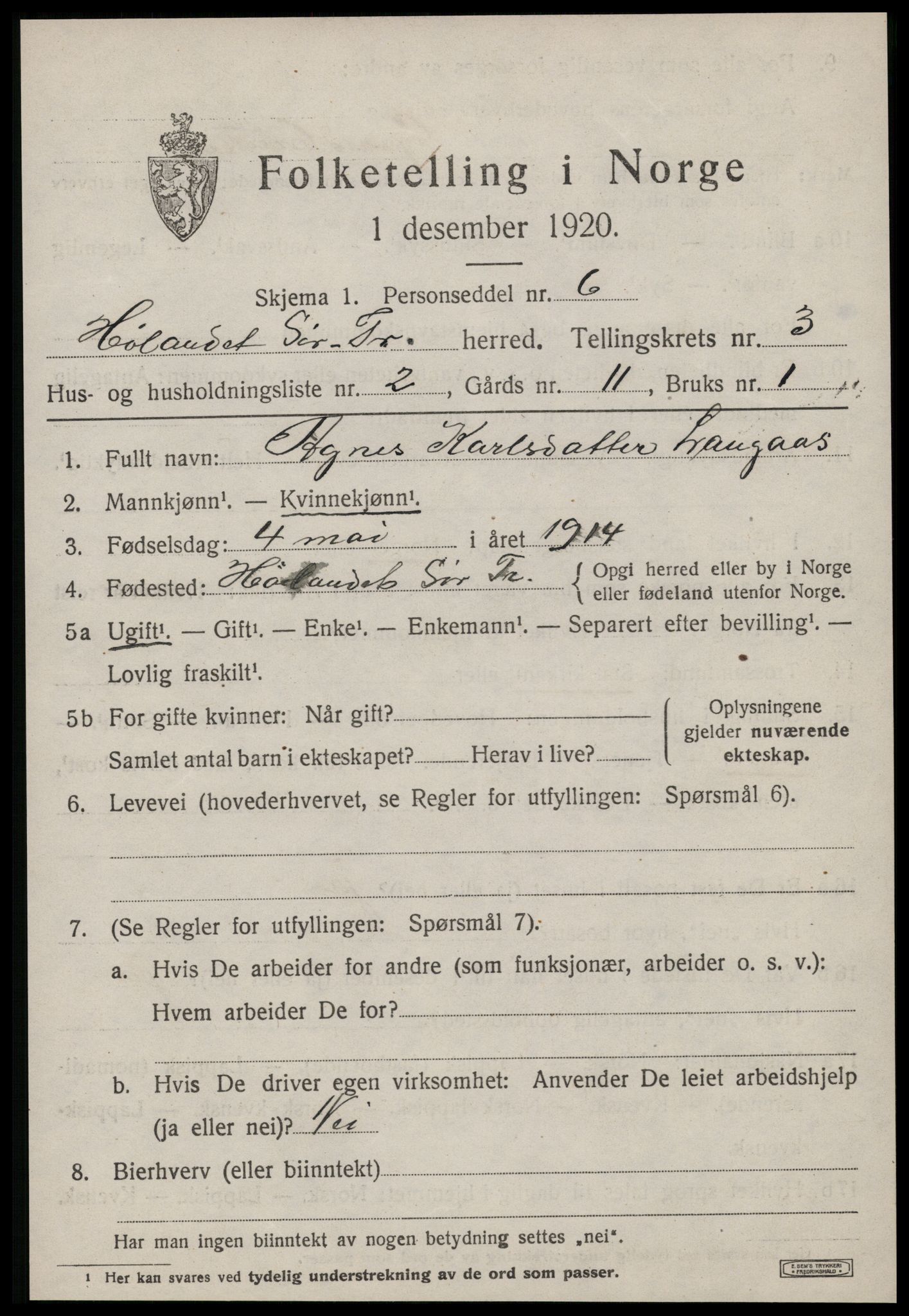 SAT, 1920 census for Hølonda, 1920, p. 1181