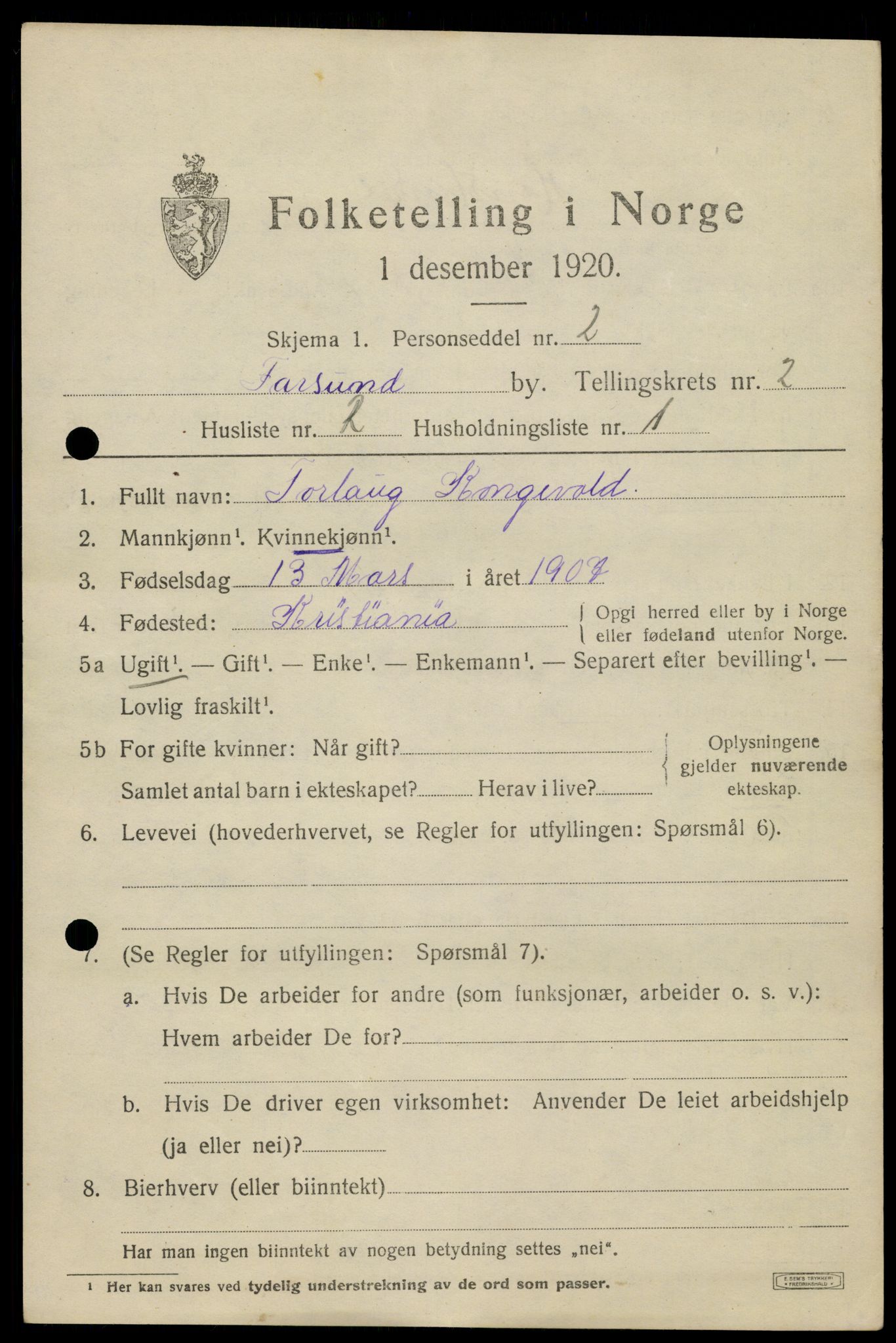 SAK, 1920 census for Farsund, 1920, p. 2571
