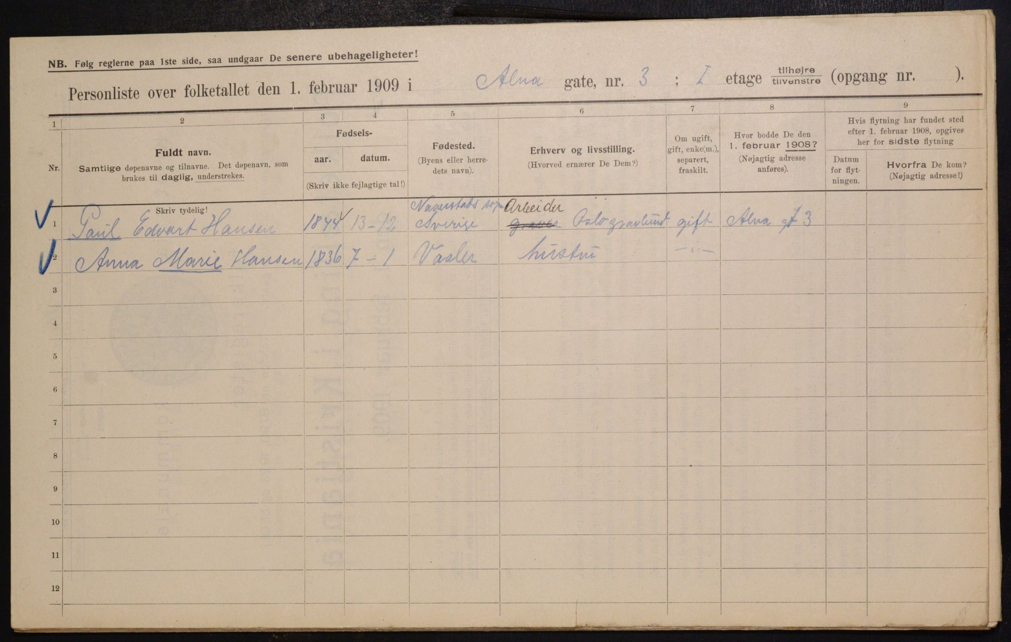 OBA, Municipal Census 1909 for Kristiania, 1909, p. 1164