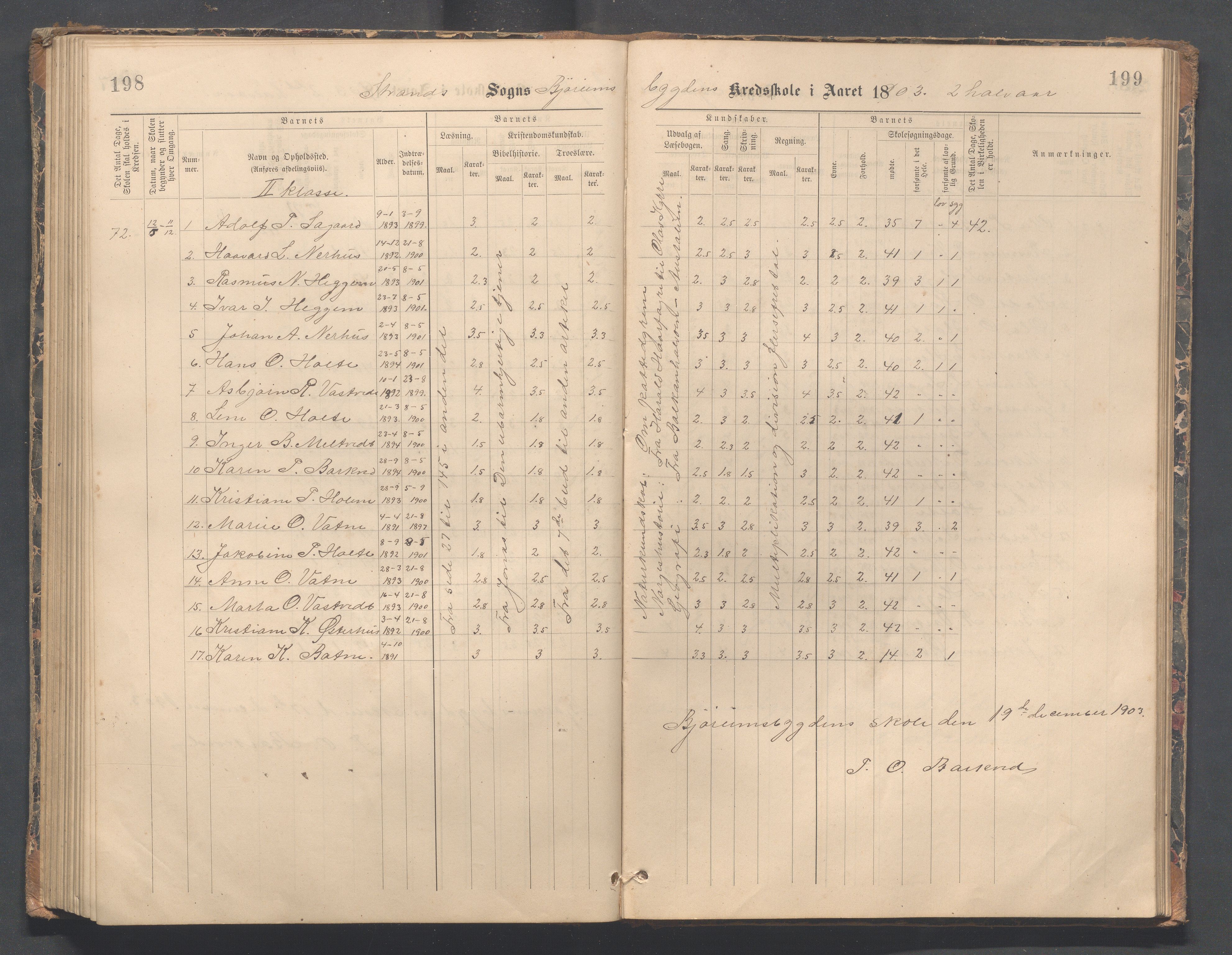 Strand kommune - Bjørheimsbygd skole, IKAR/A-147/H/L0002: Skoleprotokoll for Bjørheimsbygd og Lekvam krets, 1891-1907, p. 198-199