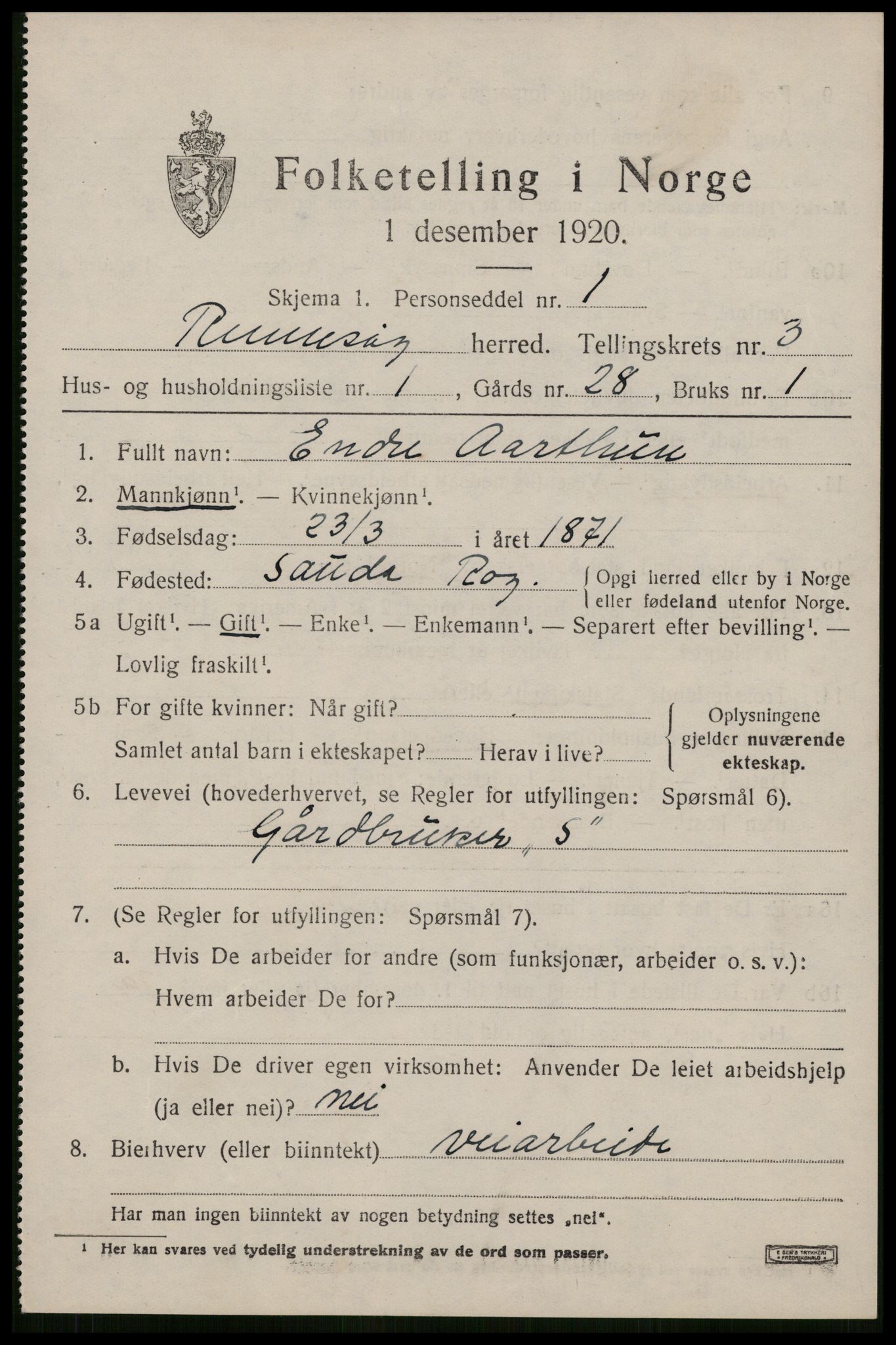 SAST, 1920 census for Rennesøy, 1920, p. 1936