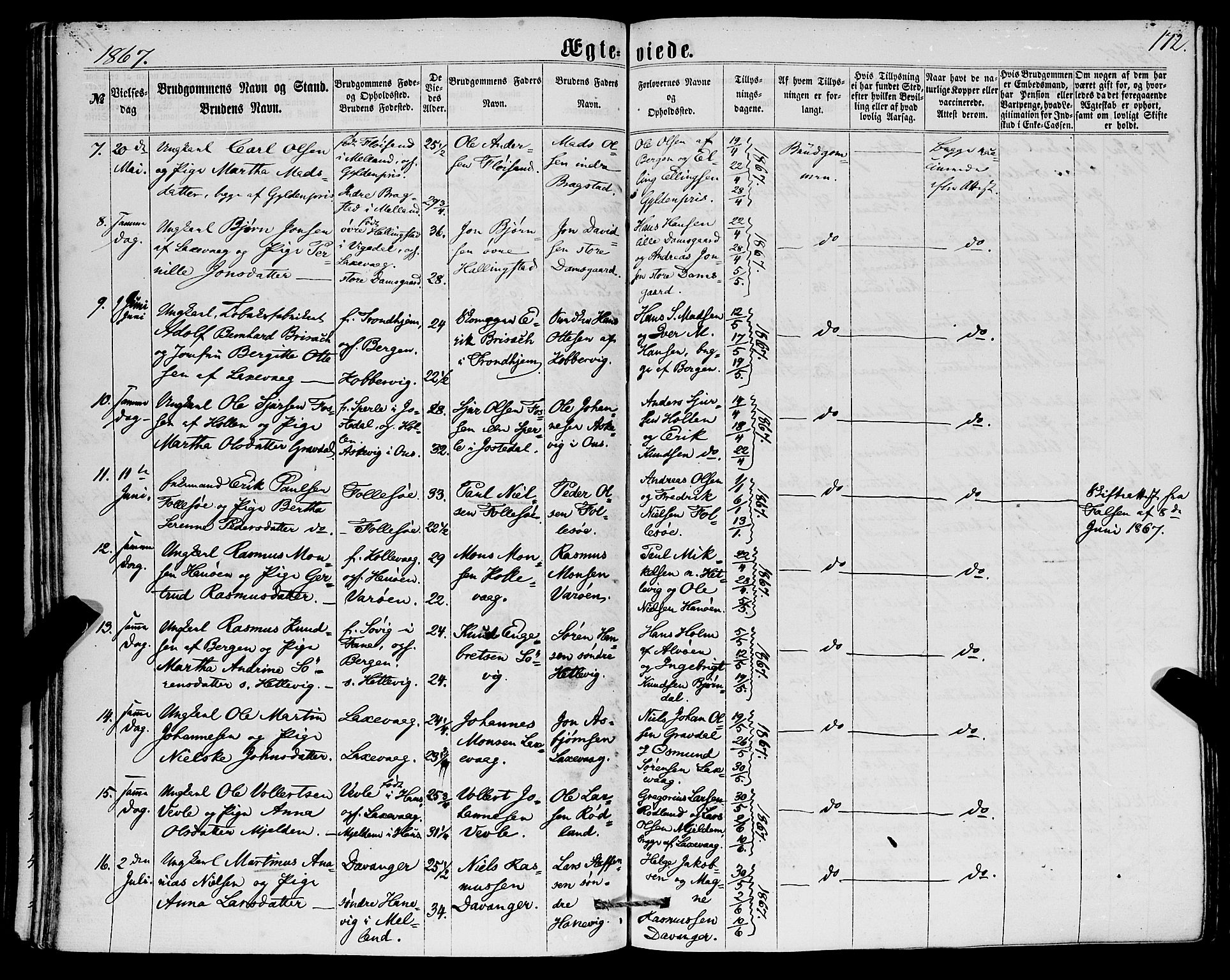 Askøy Sokneprestembete, AV/SAB-A-74101/H/Ha/Haa/Haaa/L0009: Parish register (official) no. A 9, 1863-1877, p. 172