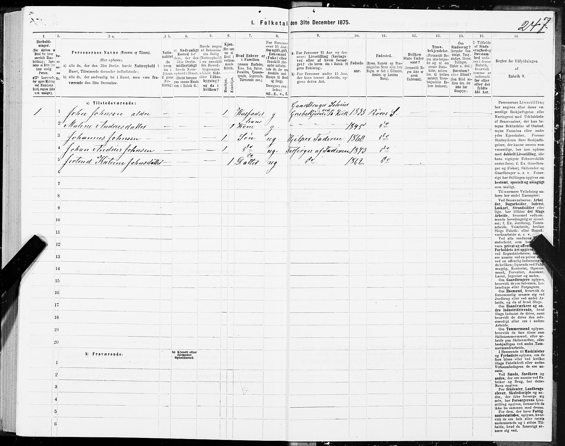 SAT, 1875 census for 1640P Røros, 1875, p. 4247