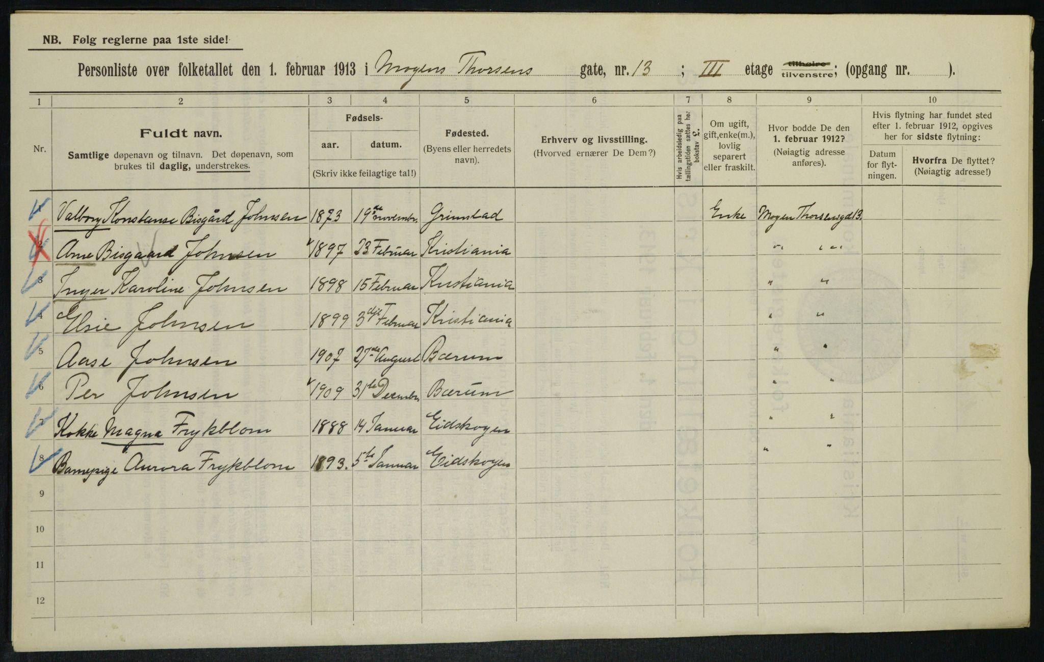 OBA, Municipal Census 1913 for Kristiania, 1913, p. 65576