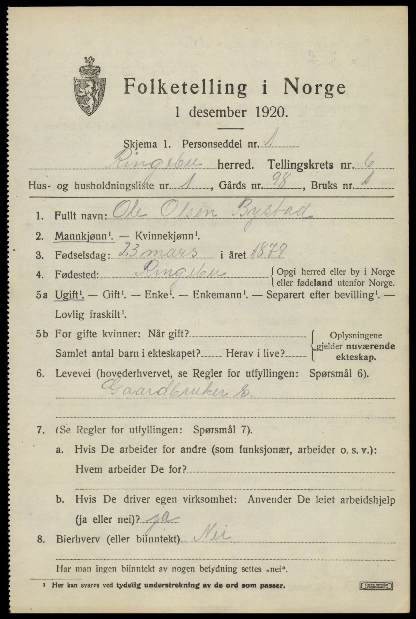 SAH, 1920 census for Ringebu, 1920, p. 7061