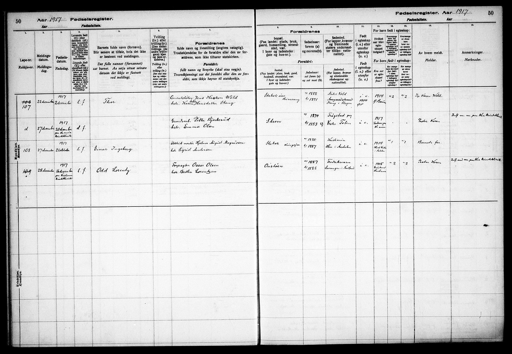 Østre Bærum prestekontor Kirkebøker, AV/SAO-A-10887/J/Ja/L0001: Birth register no. 1, 1916-1922, p. 50