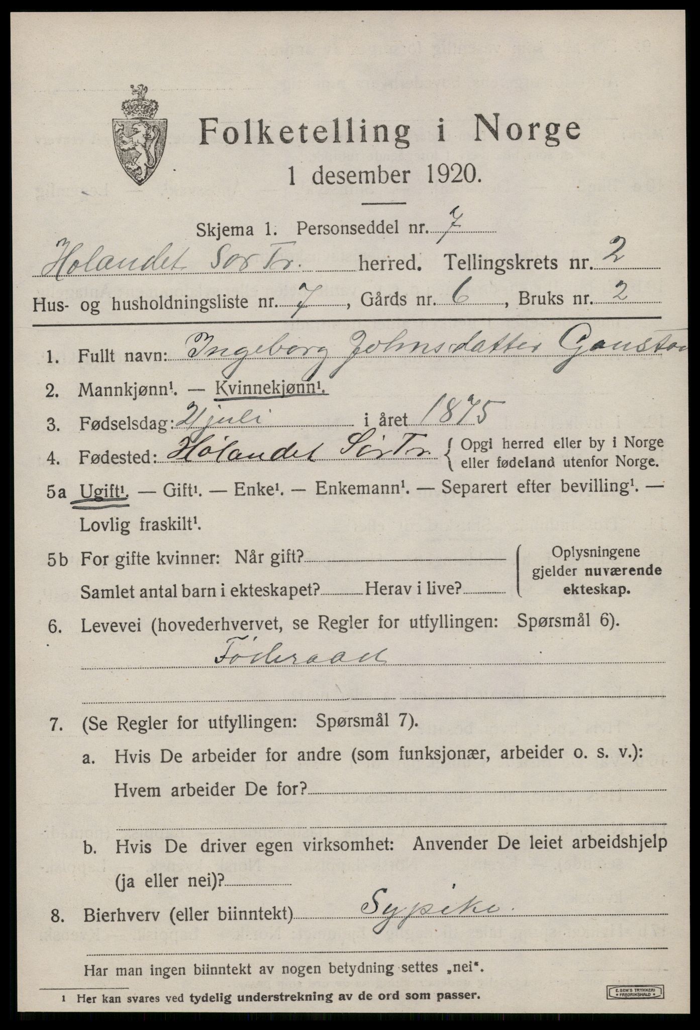 SAT, 1920 census for Hølonda, 1920, p. 605