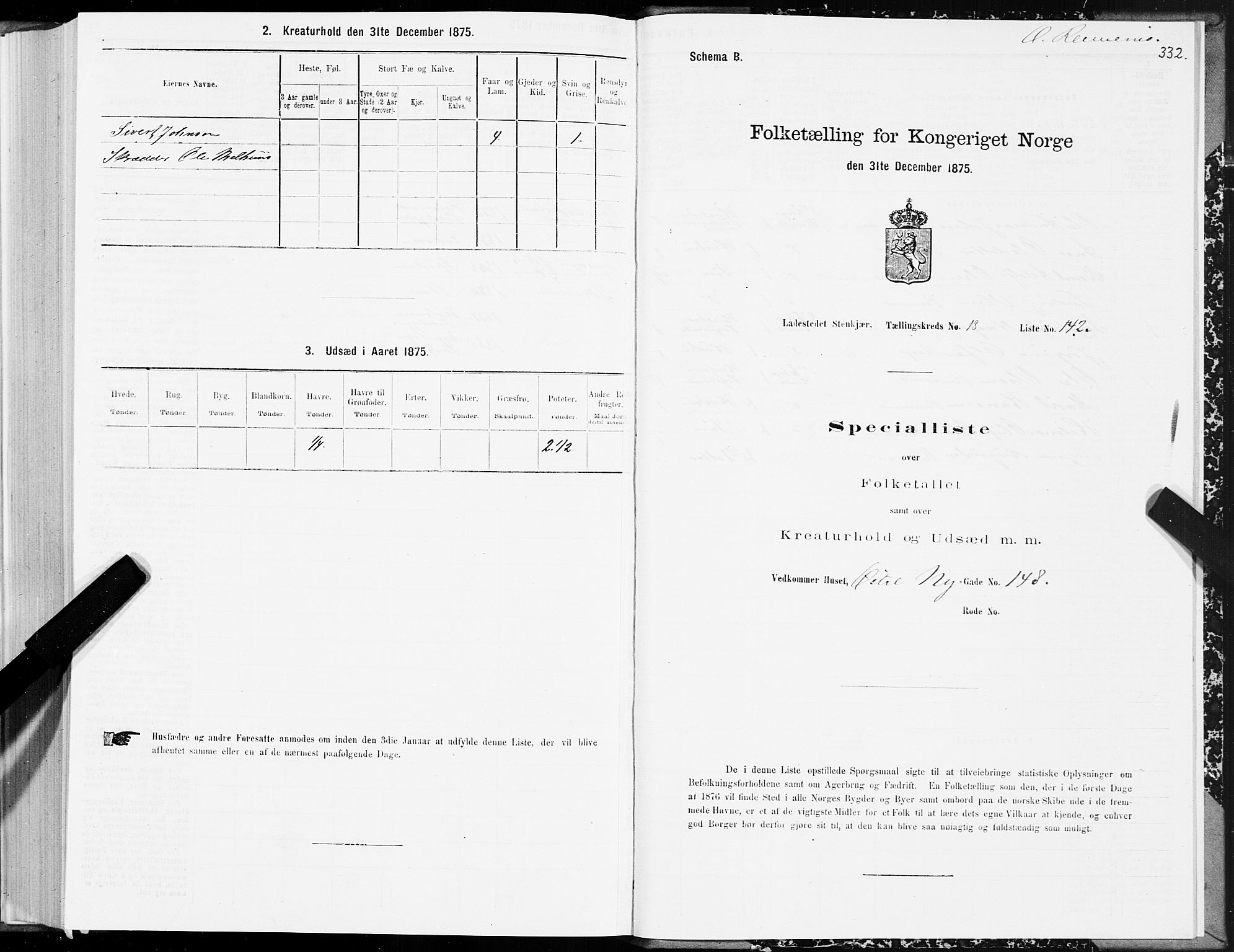 SAT, 1875 census for 1702B Steinkjer/Steinkjer, 1875, p. 332