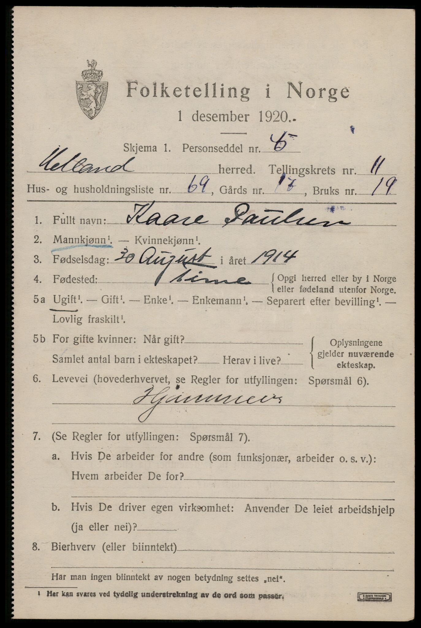 SAST, 1920 census for Hetland, 1920, p. 20877