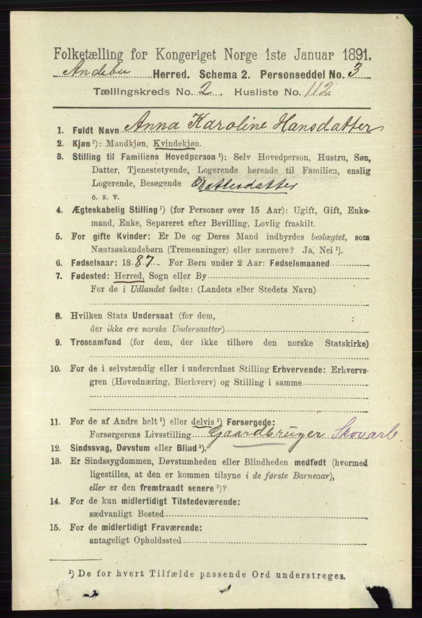 RA, 1891 census for 0719 Andebu, 1891, p. 1410