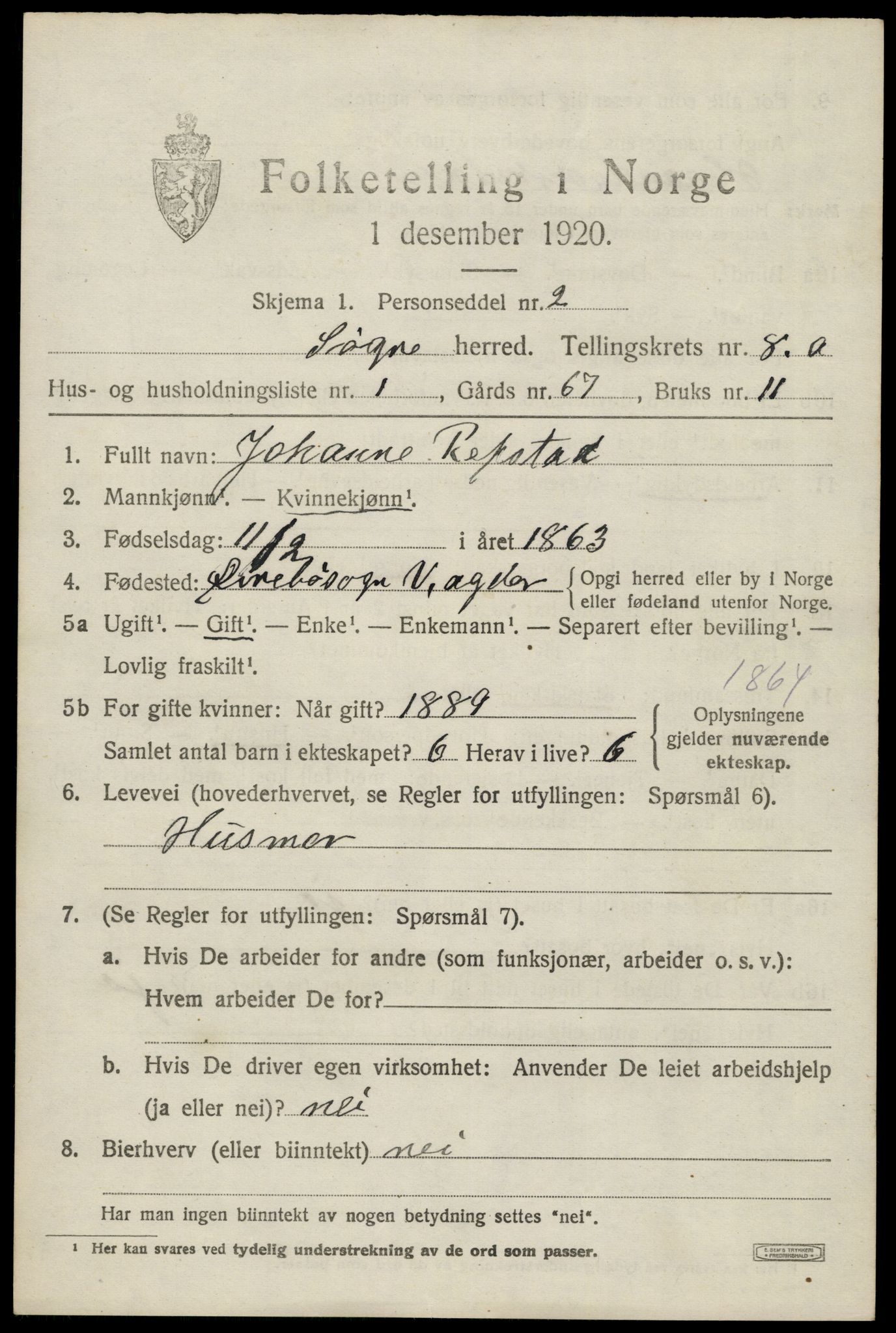 SAK, 1920 census for Søgne, 1920, p. 4033