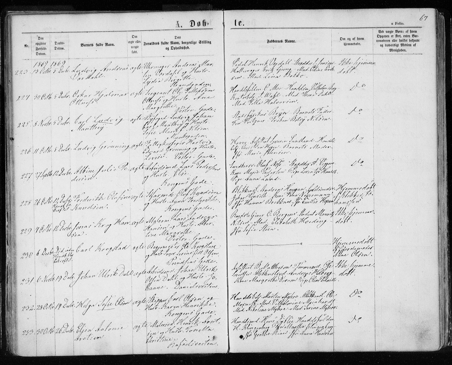 Ministerialprotokoller, klokkerbøker og fødselsregistre - Sør-Trøndelag, SAT/A-1456/601/L0054: Parish register (official) no. 601A22, 1866-1877, p. 67