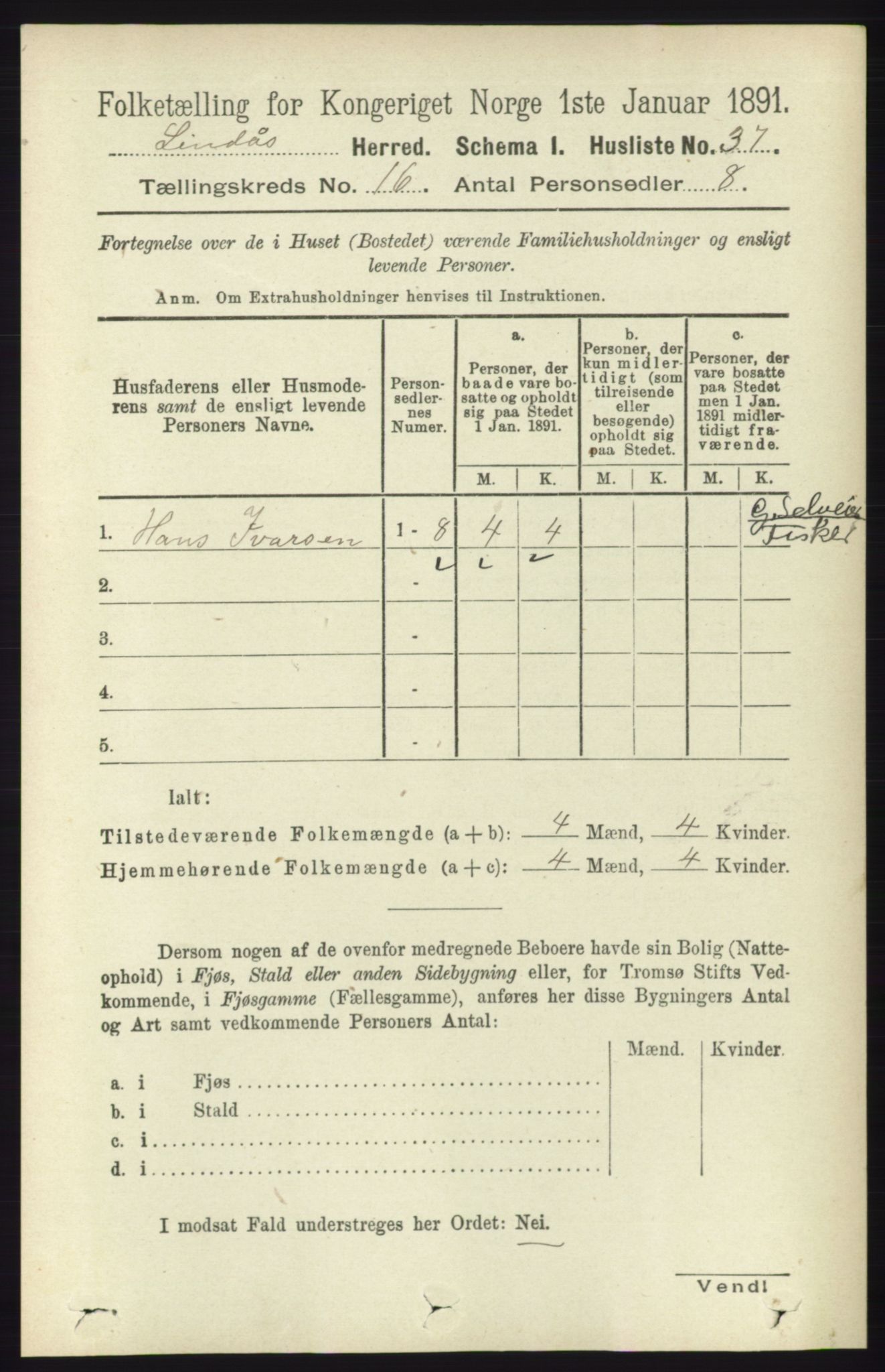 RA, 1891 census for 1263 Lindås, 1891, p. 5677
