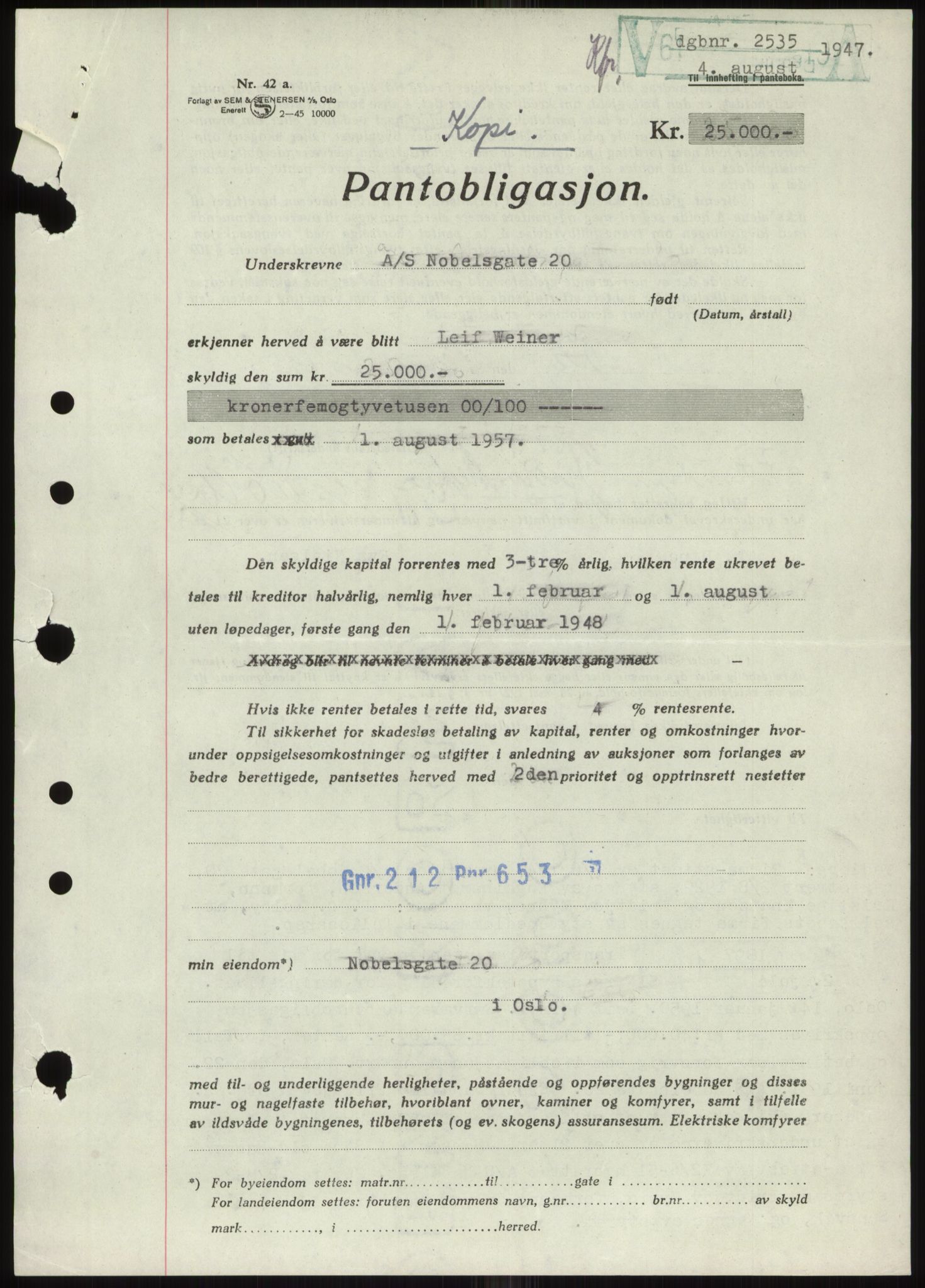 Oslo byskriverembete, AV/SAO-A-10227/G/Gb/Gbb/Gbbd/L0001: Mortgage book no. VS1, 1936-1948, Diary no: : 2535/1947