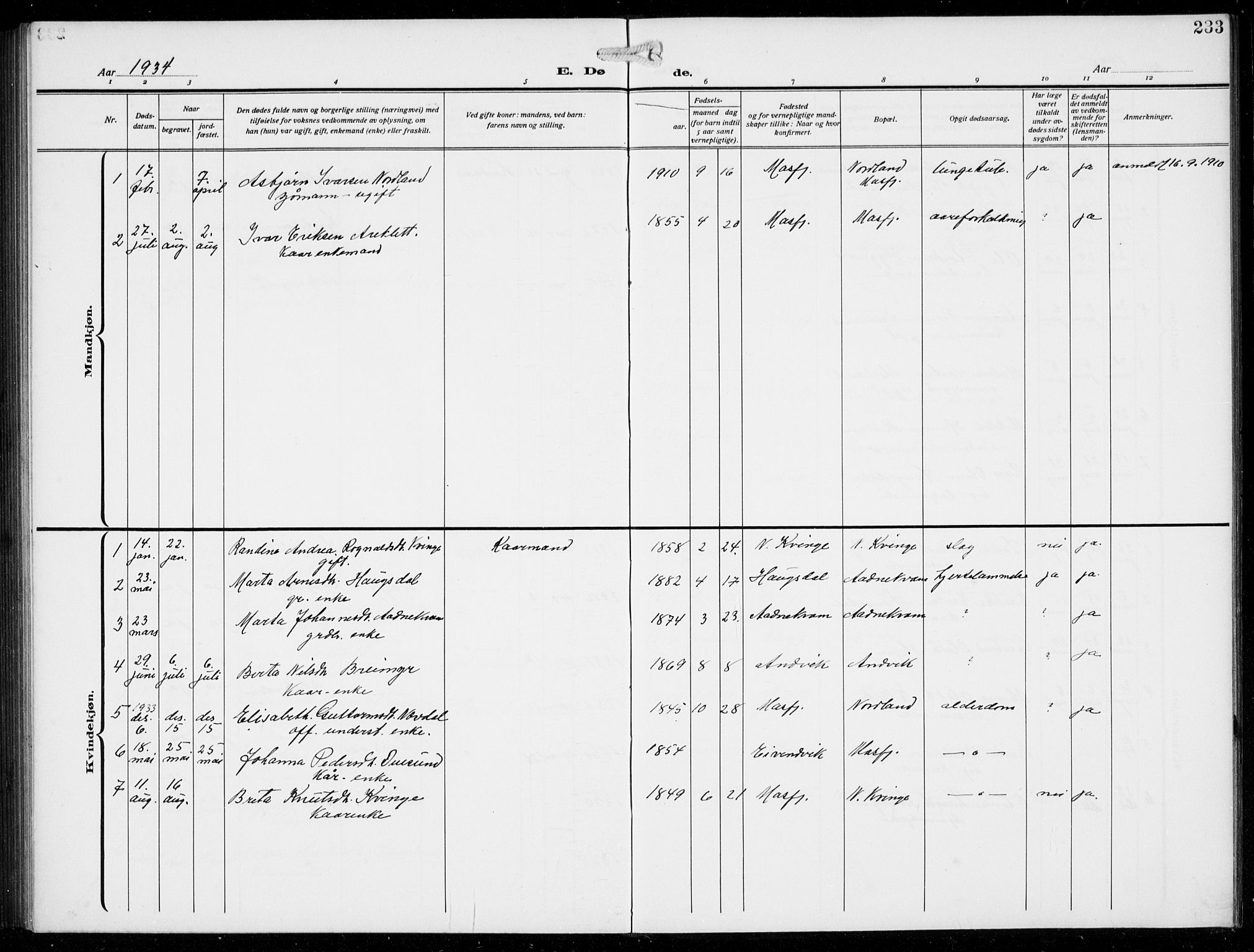 Masfjorden Sokneprestembete, AV/SAB-A-77001: Parish register (copy) no. B  2, 1912-1939, p. 233