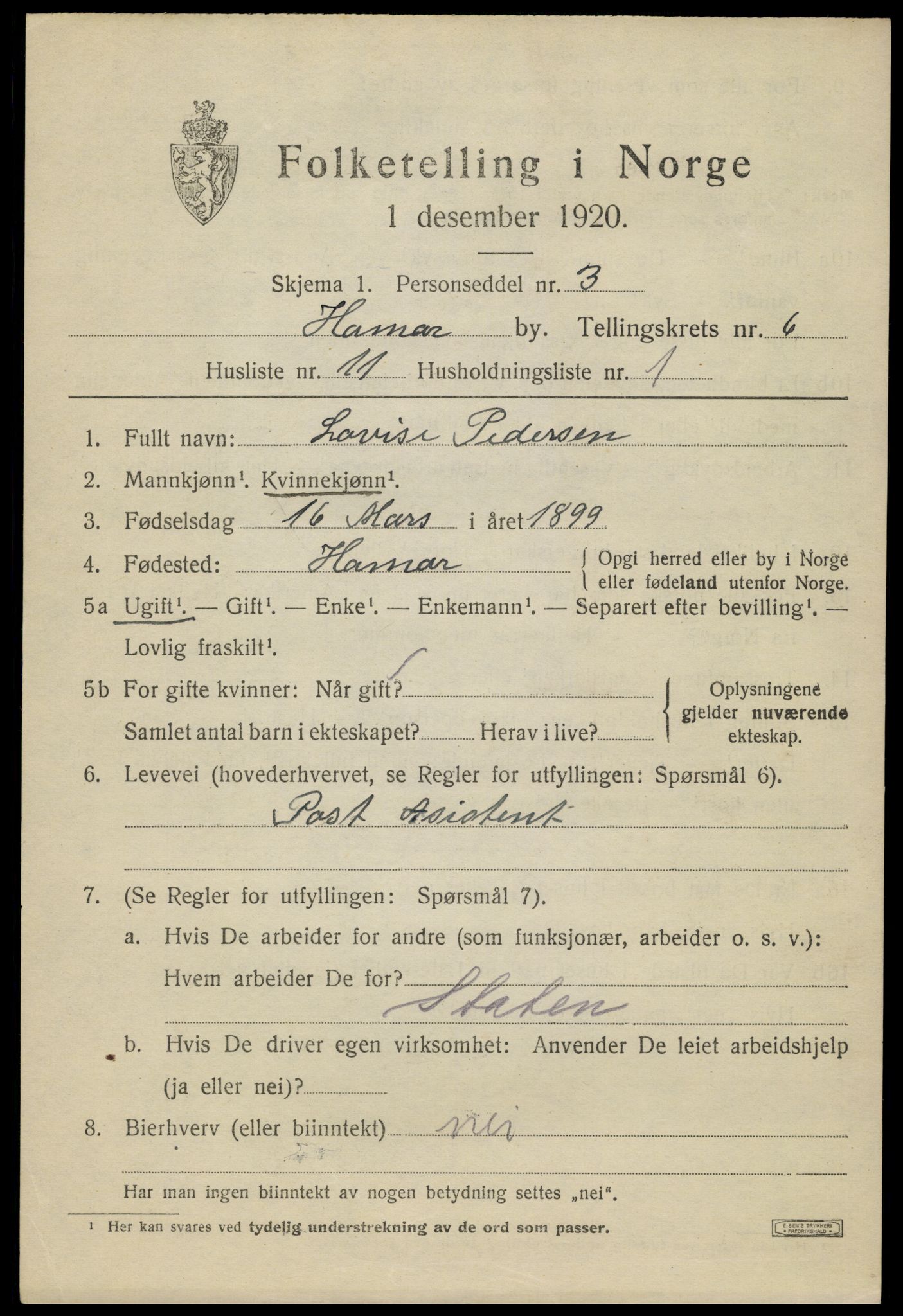 SAH, 1920 census for Hamar, 1920, p. 11273