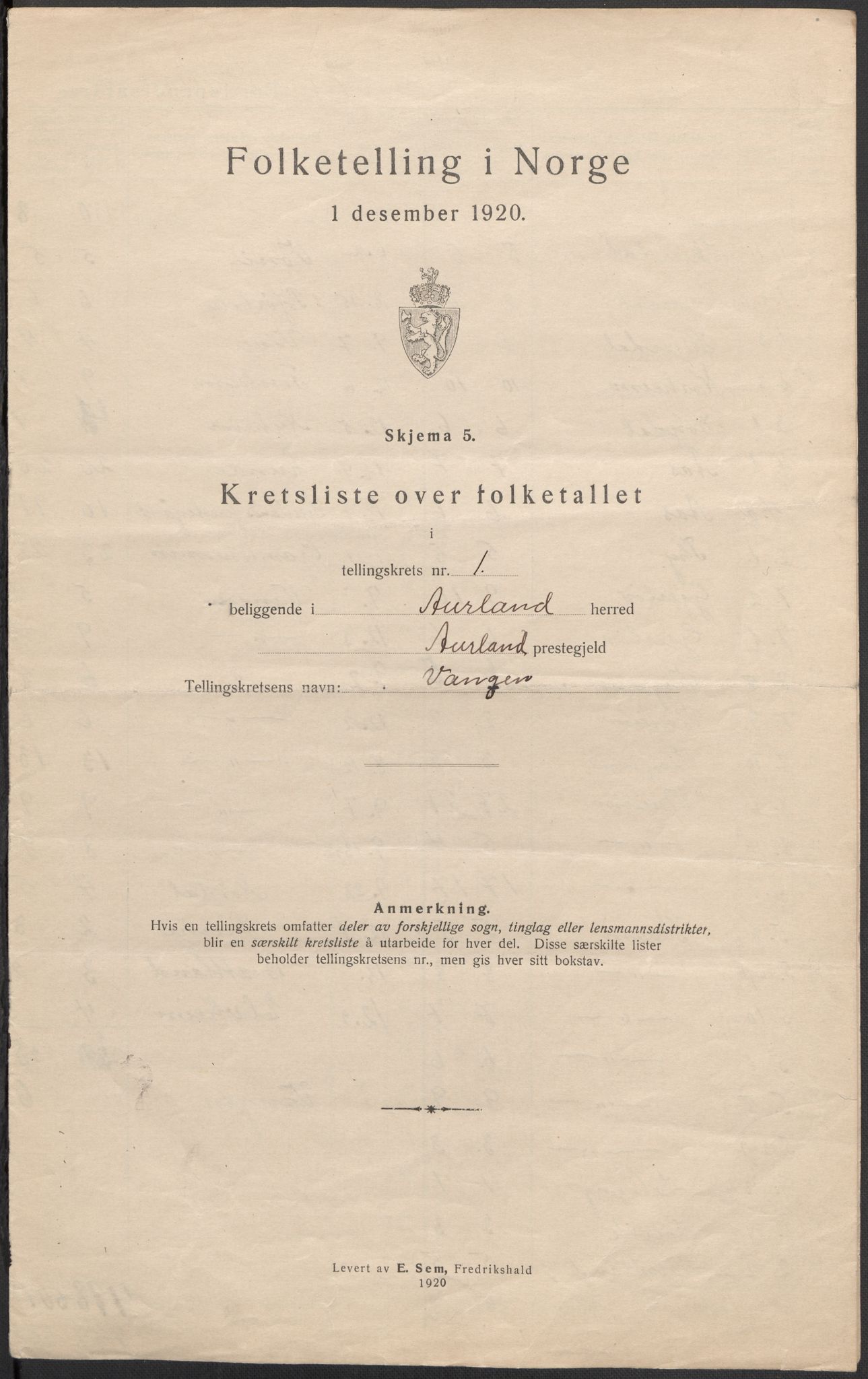 SAB, 1920 census for Aurland, 1920, p. 5