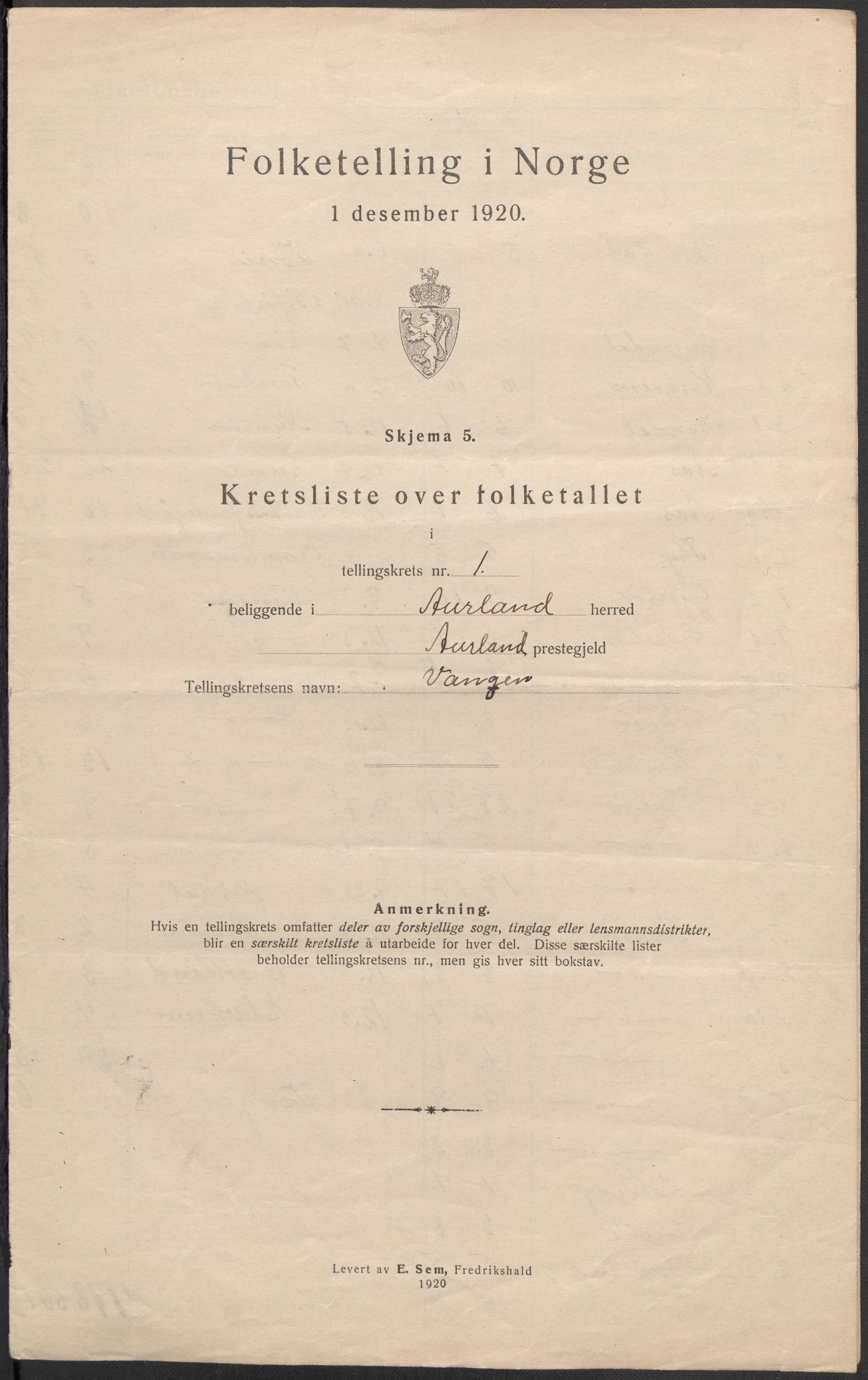 SAB, 1920 census for Aurland, 1920, p. 5