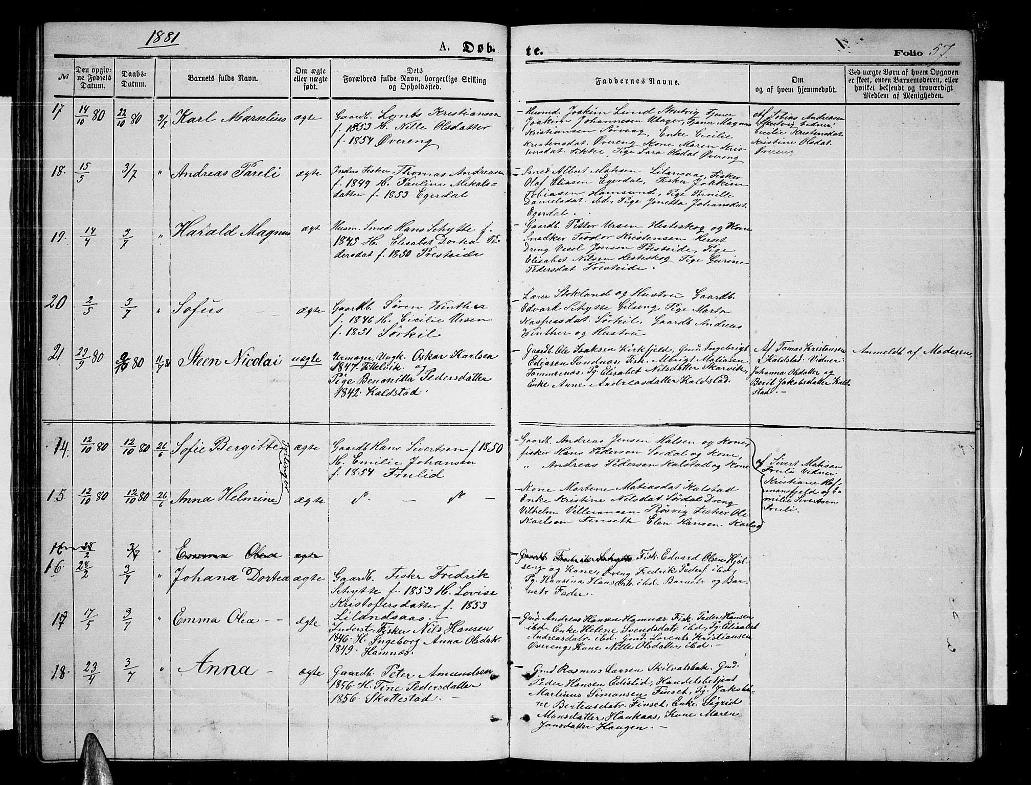 Ministerialprotokoller, klokkerbøker og fødselsregistre - Nordland, AV/SAT-A-1459/859/L0858: Parish register (copy) no. 859C04, 1873-1886, p. 57