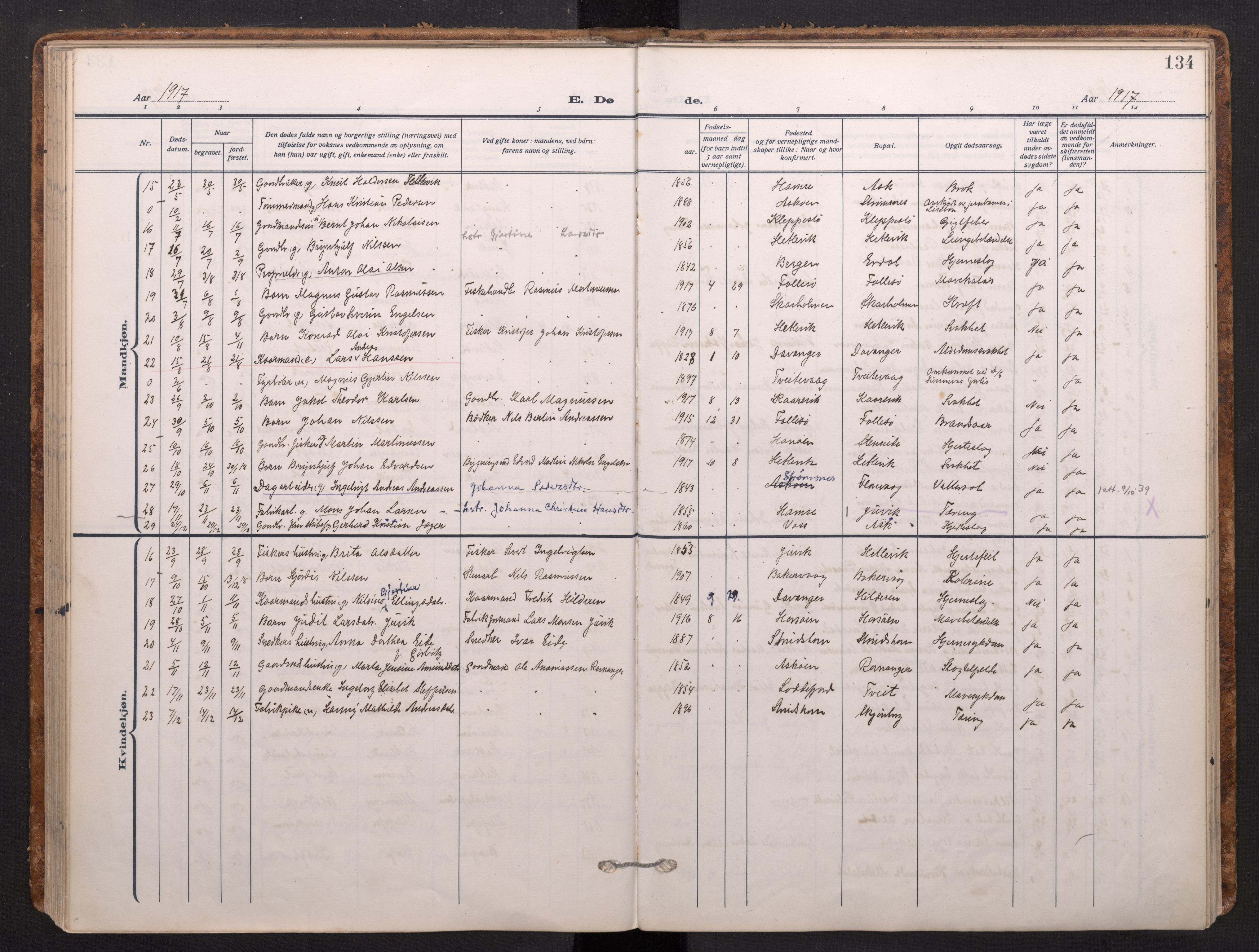 Askøy Sokneprestembete, SAB/A-74101/H/Ha/Haa/Haad/L0002: Parish register (official) no. D 2, 1915-1935, p. 134