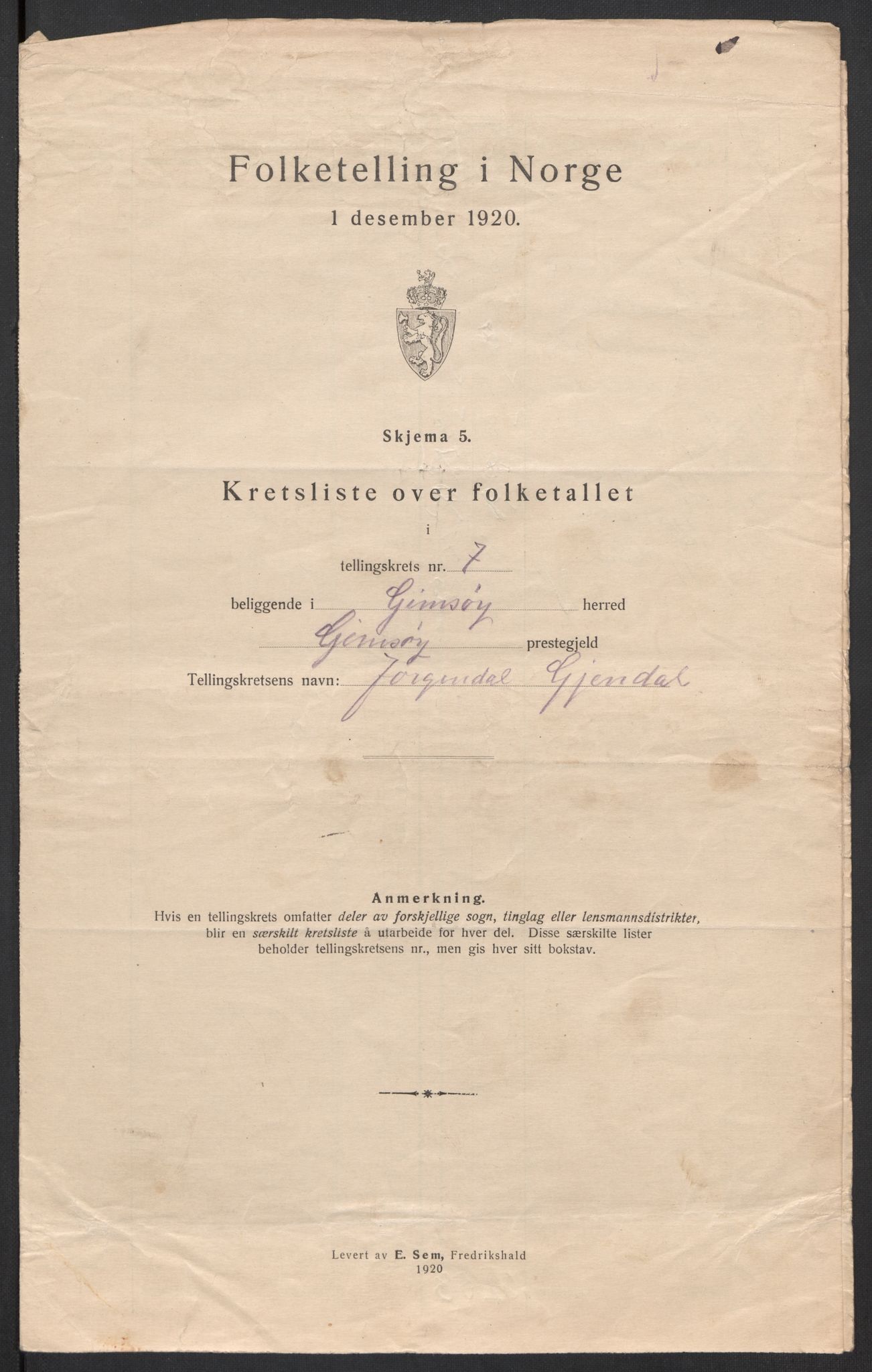 SAT, 1920 census for Gimsøy, 1920, p. 30