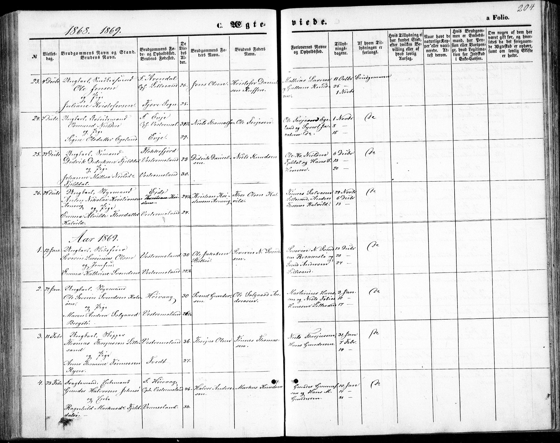 Vestre Moland sokneprestkontor, SAK/1111-0046/F/Fb/Fbb/L0004: Parish register (copy) no. B 4, 1861-1872, p. 204