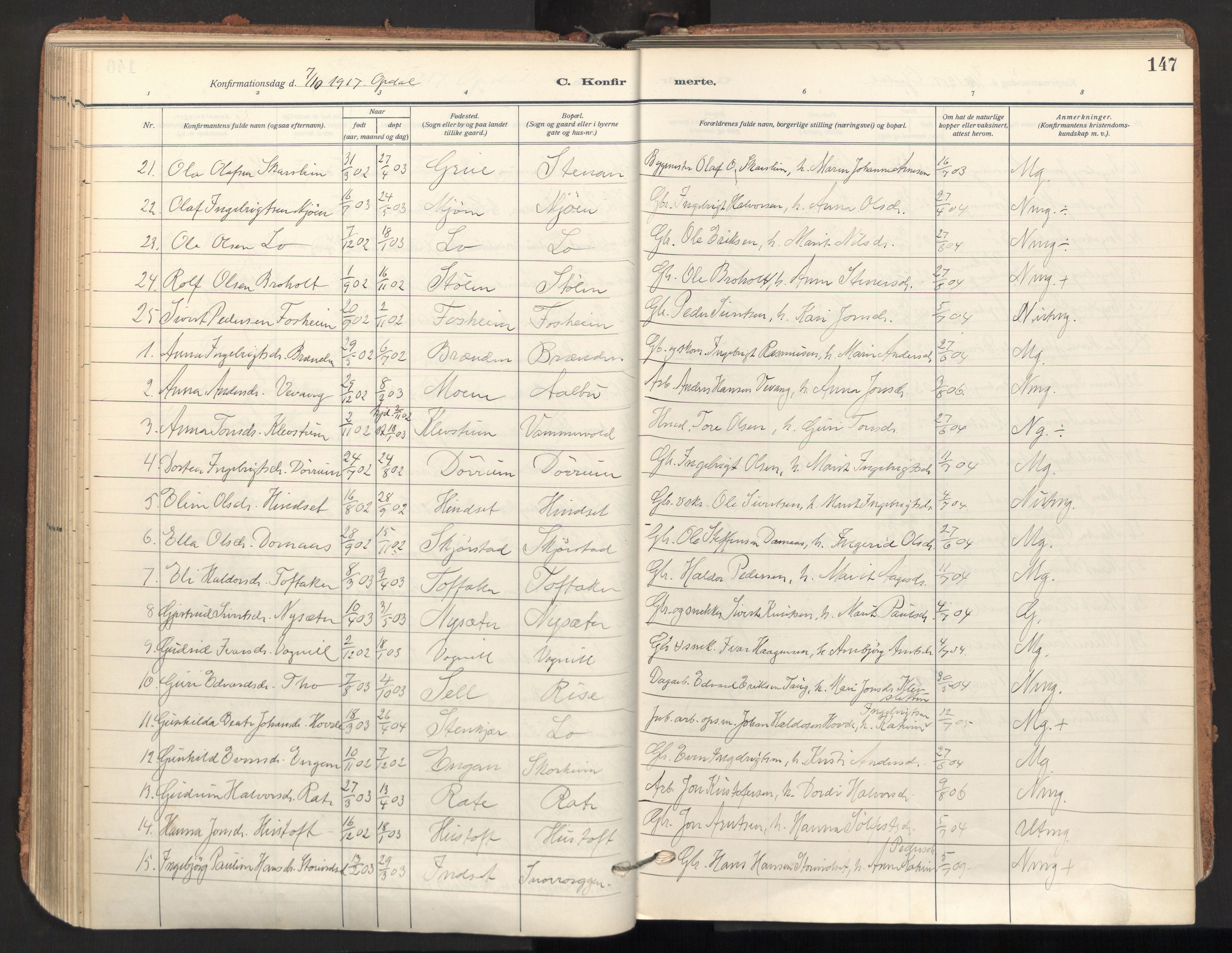 Ministerialprotokoller, klokkerbøker og fødselsregistre - Sør-Trøndelag, AV/SAT-A-1456/678/L0909: Parish register (official) no. 678A17, 1912-1930, p. 147