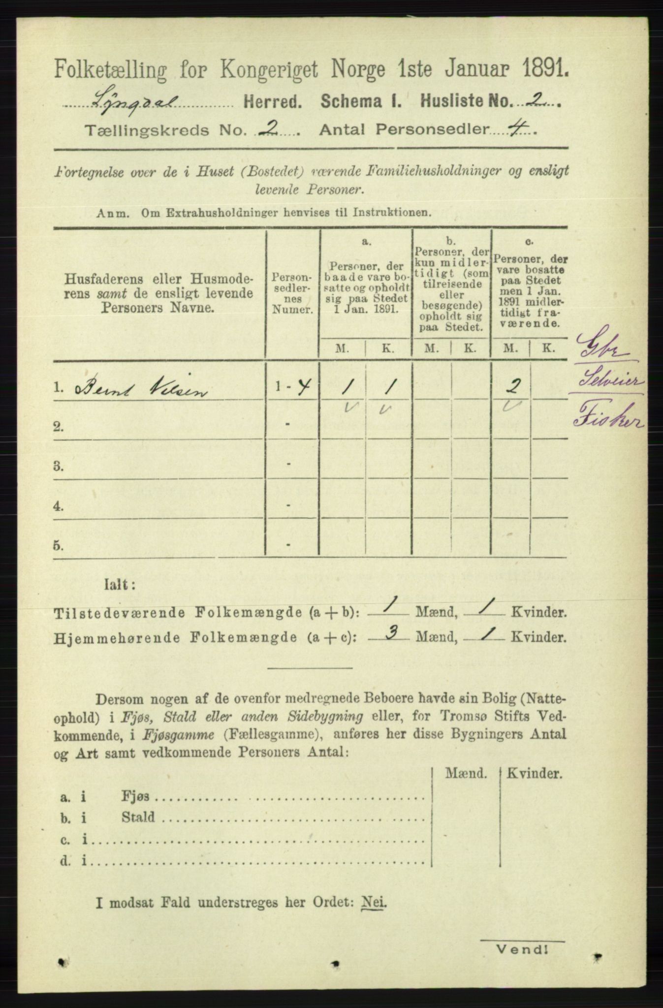 RA, 1891 census for 1032 Lyngdal, 1891, p. 455