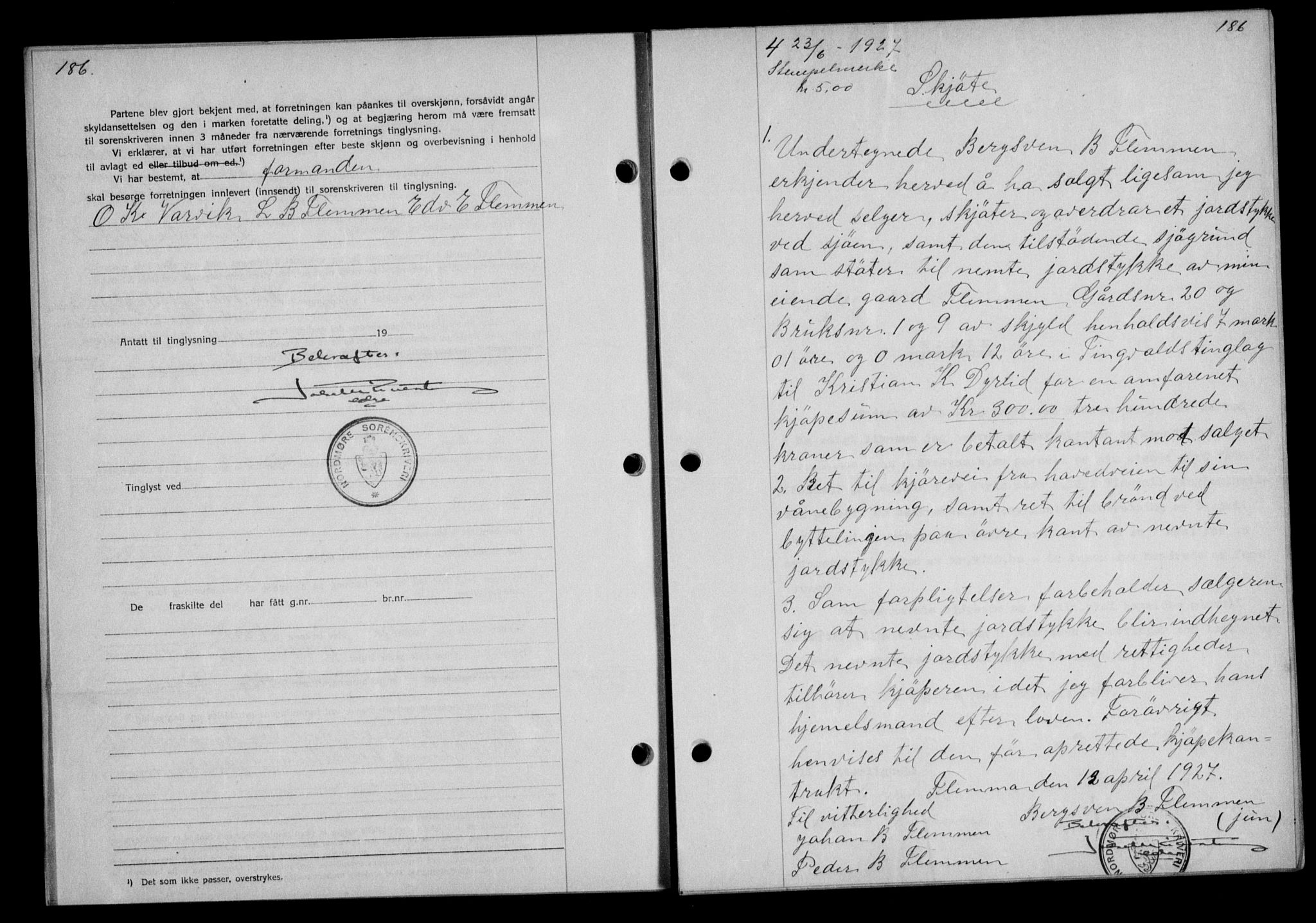 Nordmøre sorenskriveri, AV/SAT-A-4132/1/2/2Ca/L0062: Mortgage book no. 52, 1927-1927, Deed date: 23.06.1927