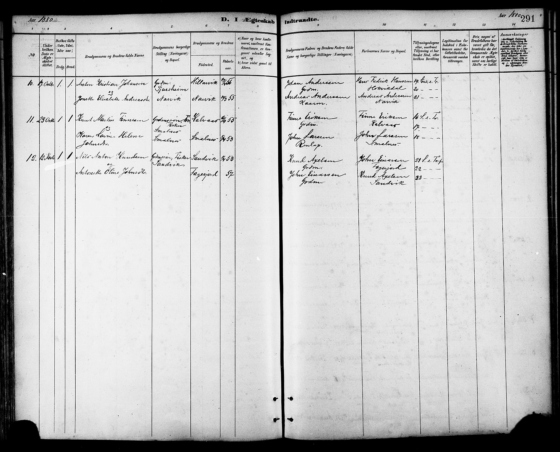 Ministerialprotokoller, klokkerbøker og fødselsregistre - Nordland, AV/SAT-A-1459/866/L0938: Parish register (official) no. 866A01, 1879-1893, p. 291