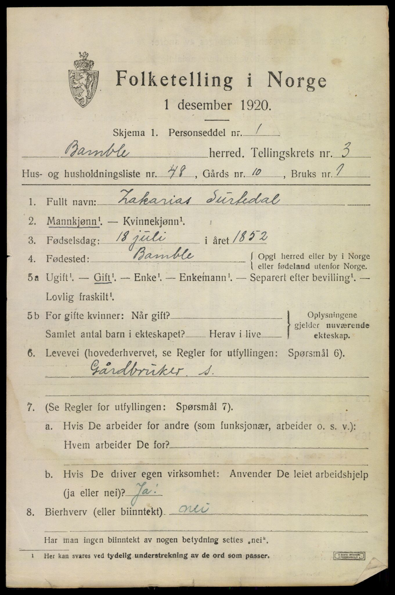 SAKO, 1920 census for Bamble, 1920, p. 4313