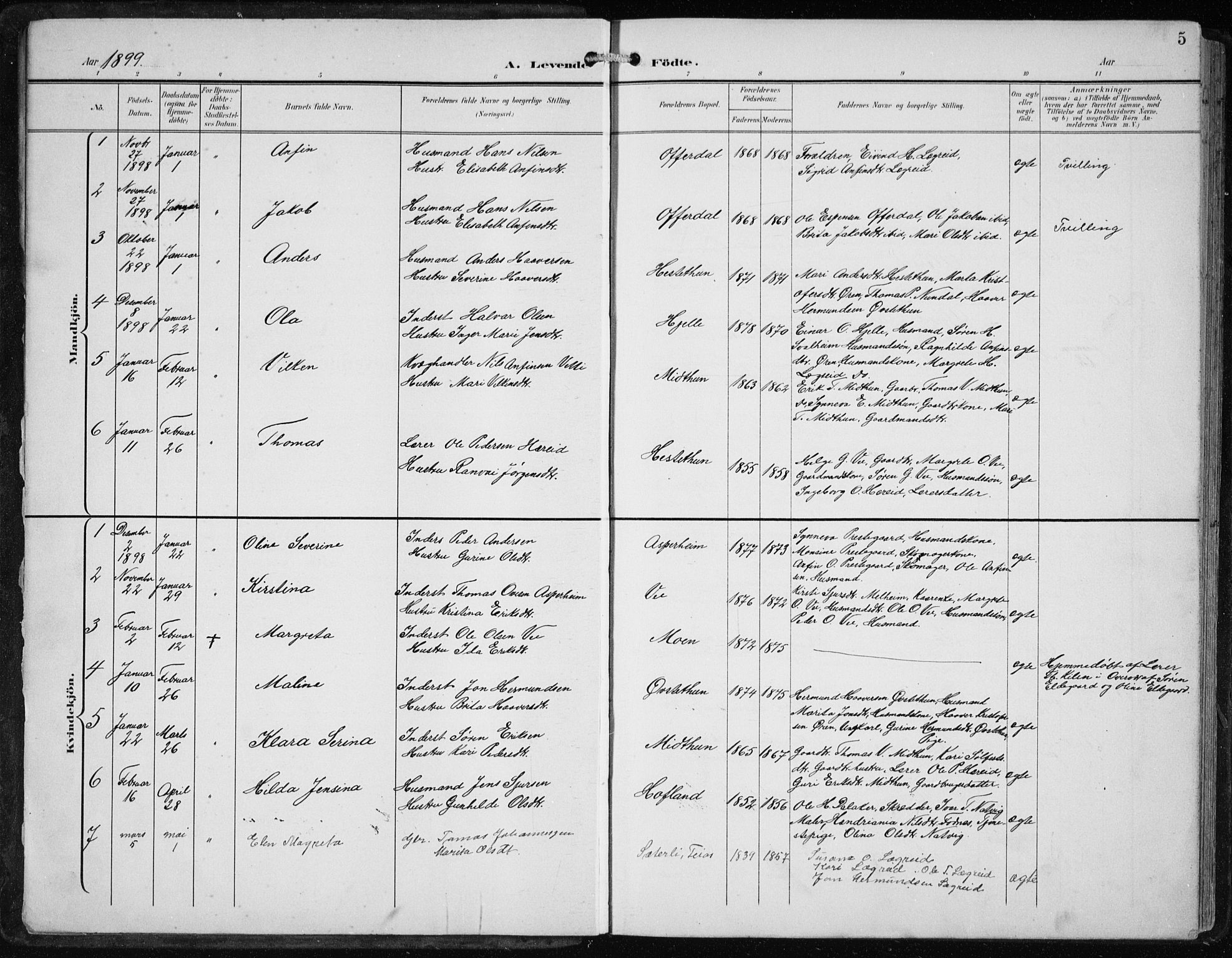 Årdal sokneprestembete, AV/SAB-A-81701: Parish register (copy) no. A 2, 1899-1939, p. 5