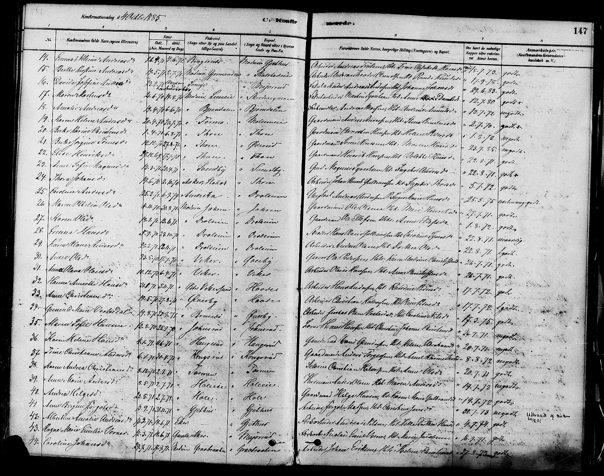 Modum kirkebøker, SAKO/A-234/F/Fa/L0011: Parish register (official) no. 11, 1877-1889, p. 147