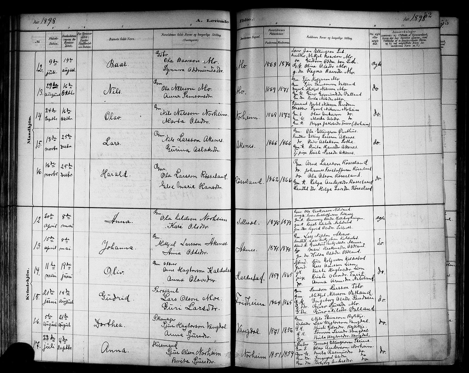 Kvam sokneprestembete, SAB/A-76201/H/Hab: Parish register (copy) no. B 3, 1884-1916, p. 52
