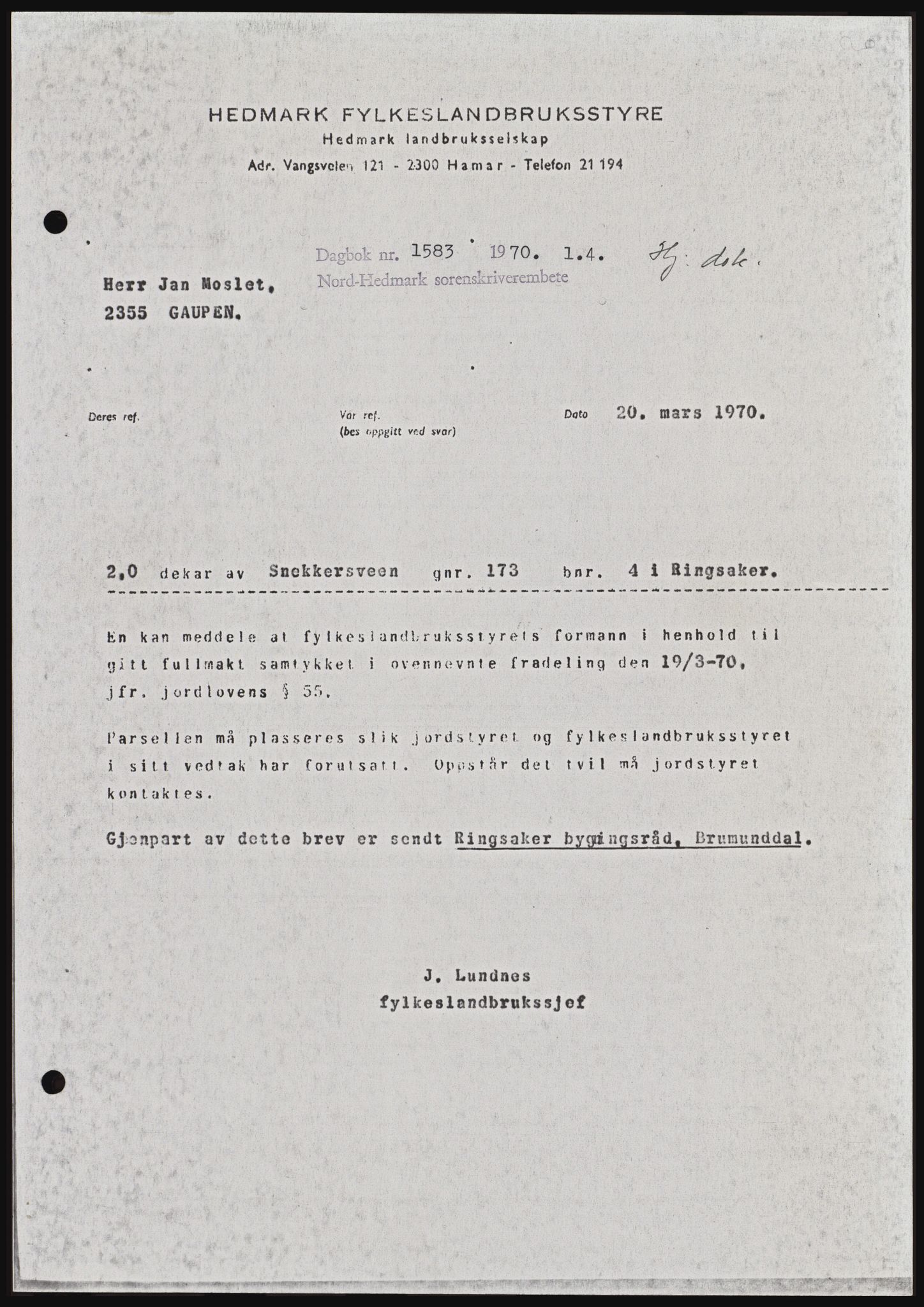 Nord-Hedmark sorenskriveri, SAH/TING-012/H/Hc/L0033: Mortgage book no. 33, 1970-1970, Diary no: : 1583/1970