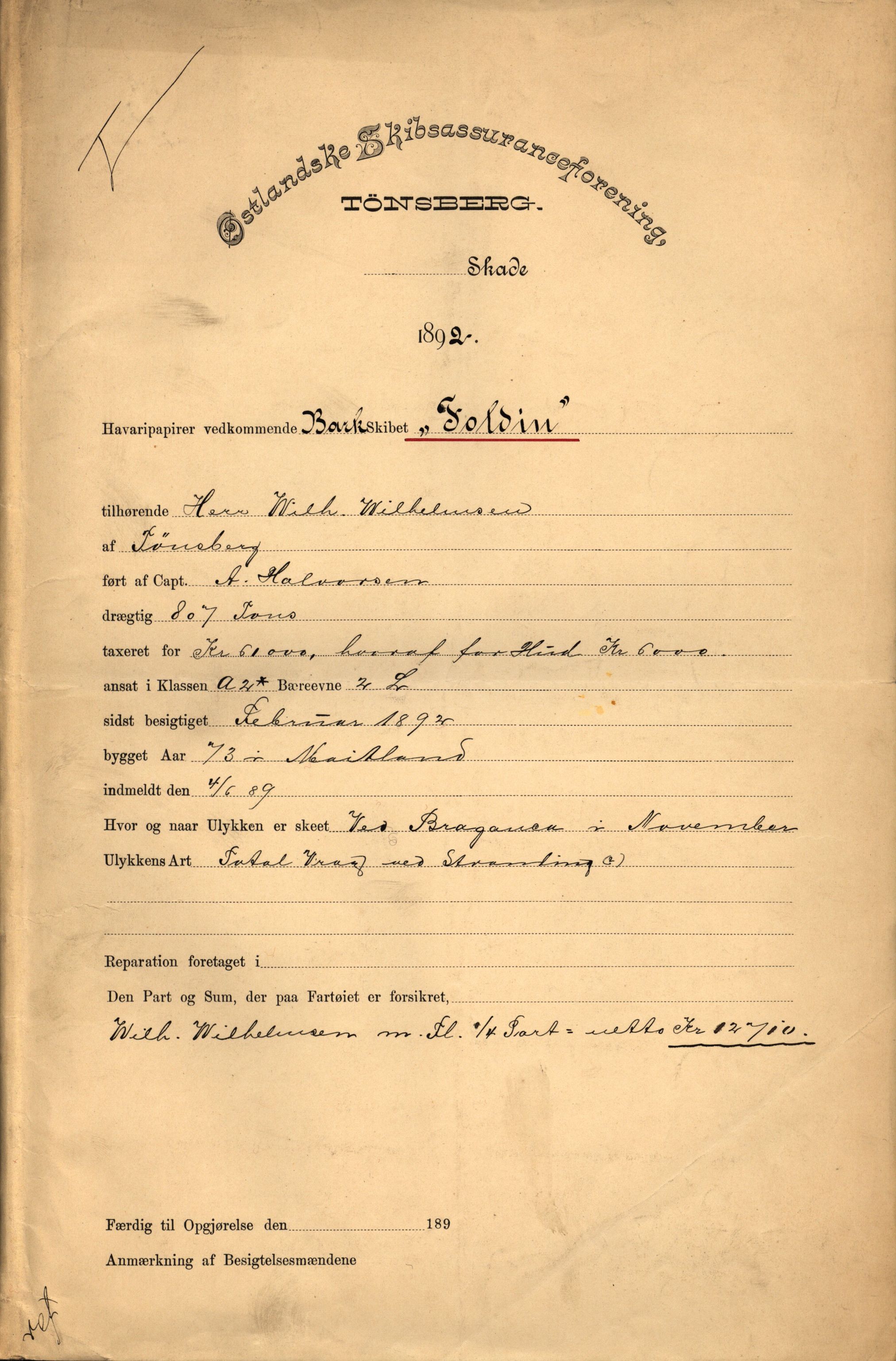 Pa 63 - Østlandske skibsassuranceforening, VEMU/A-1079/G/Ga/L0029/0007: Havaridokumenter / Diamant, Foldin, Aise, Florida, Flora, 1892, p. 85