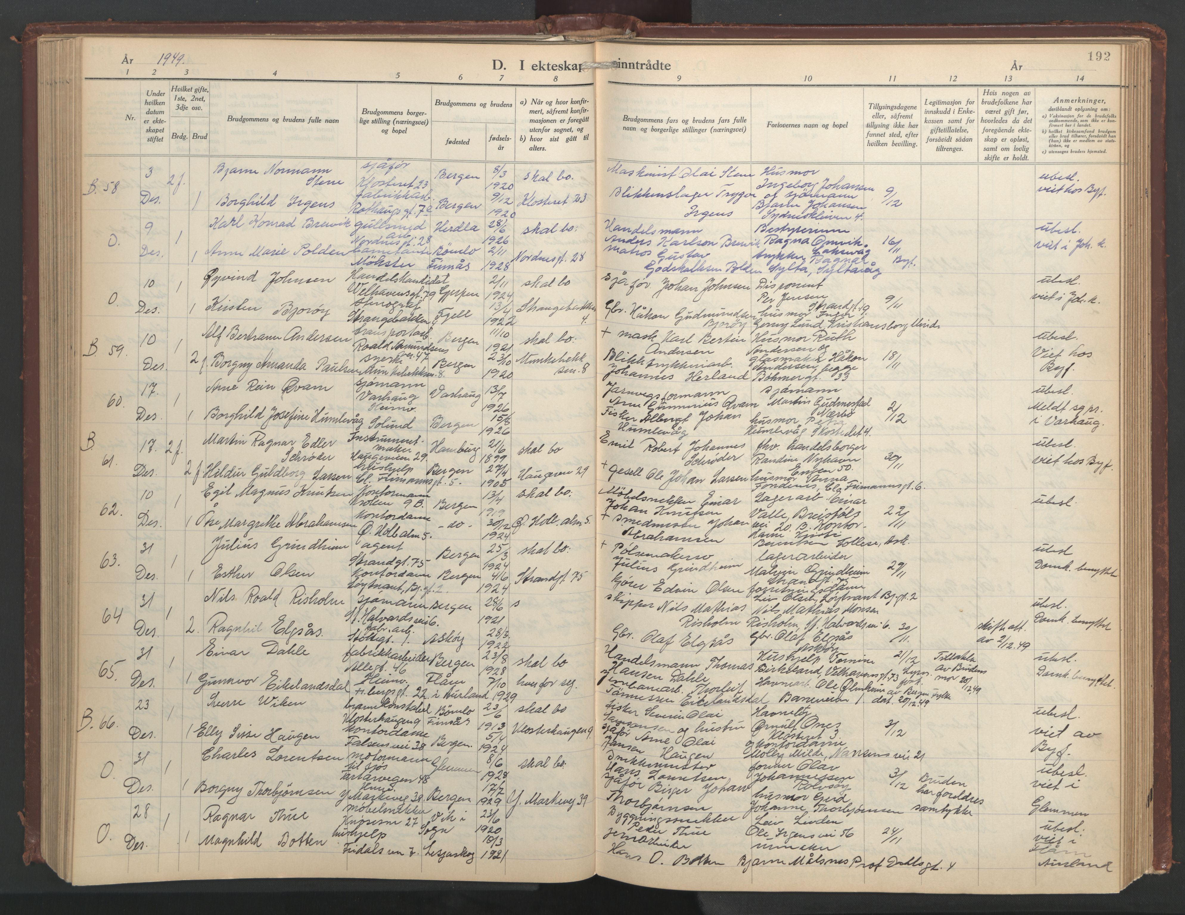 Nykirken Sokneprestembete, AV/SAB-A-77101/H/Hab: Parish register (copy) no. D 7, 1933-1964, p. 191b-192a
